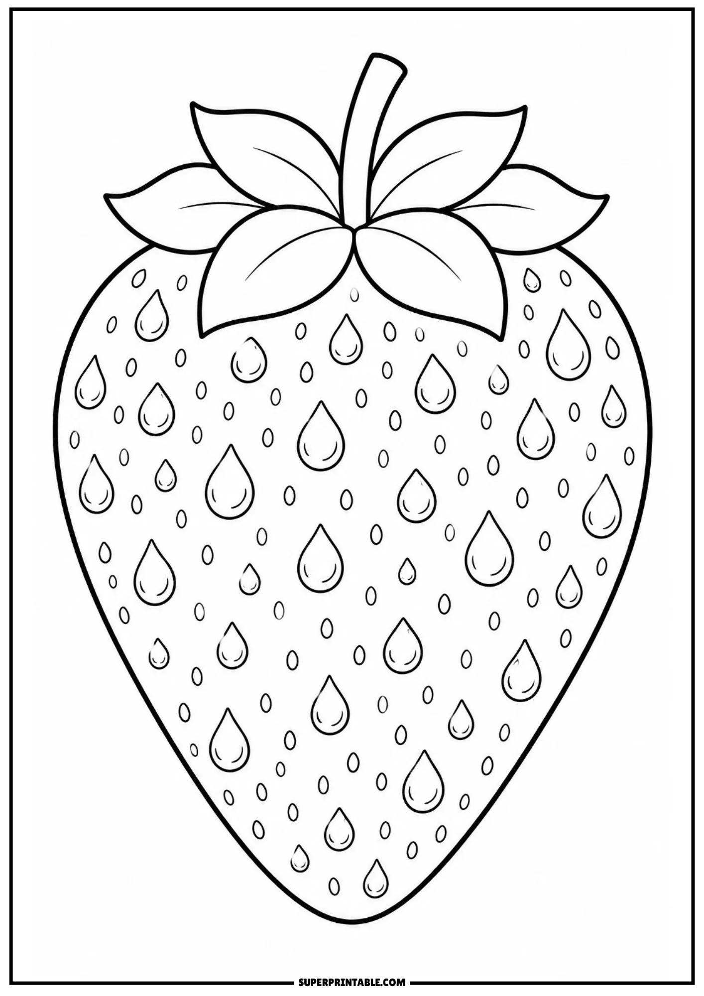 Fresh dew raindrop pattern filling a large strawberry line art coloring template.
