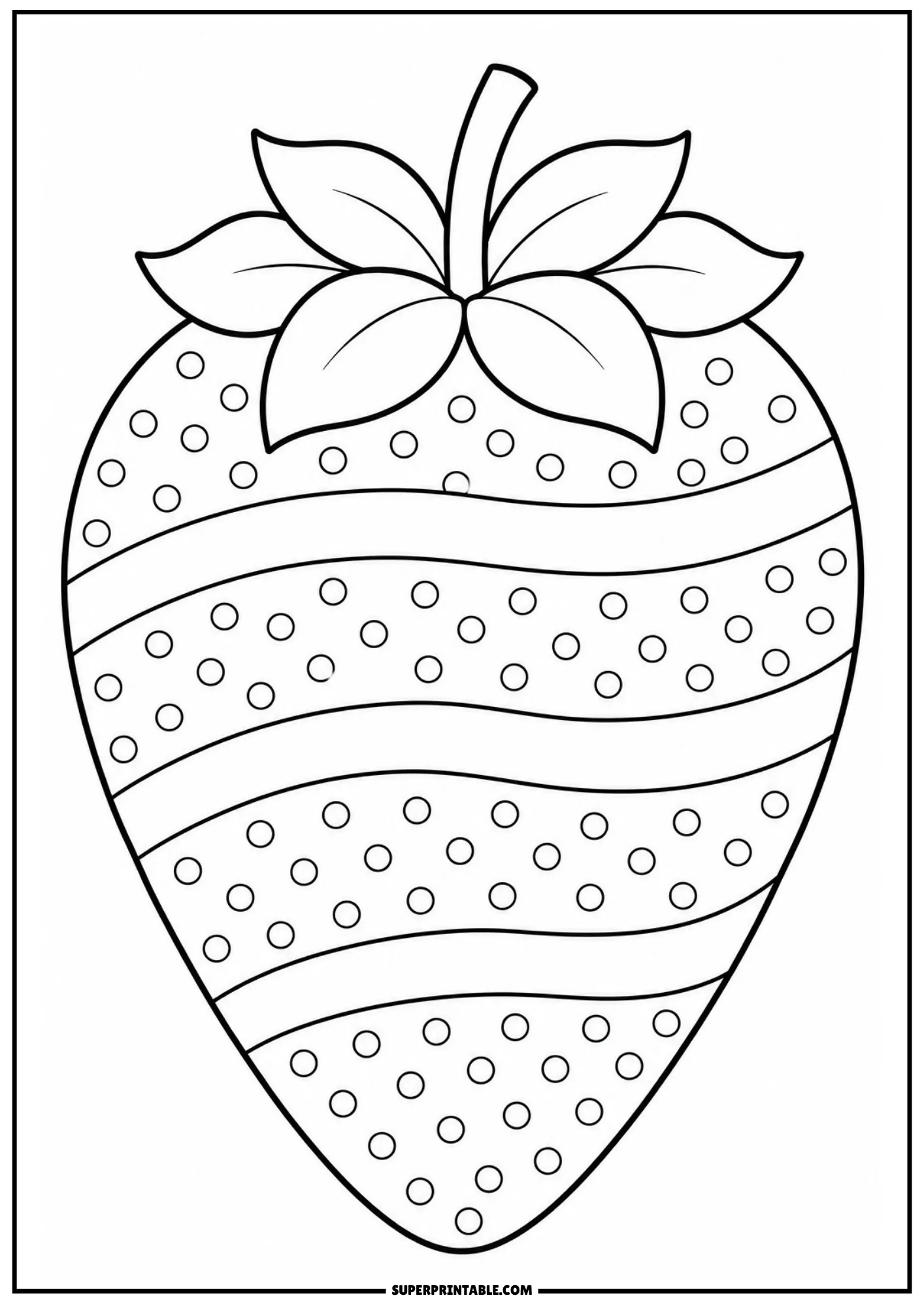 Patterned strawberry coloring page with alternating wavy bands and polka dots.