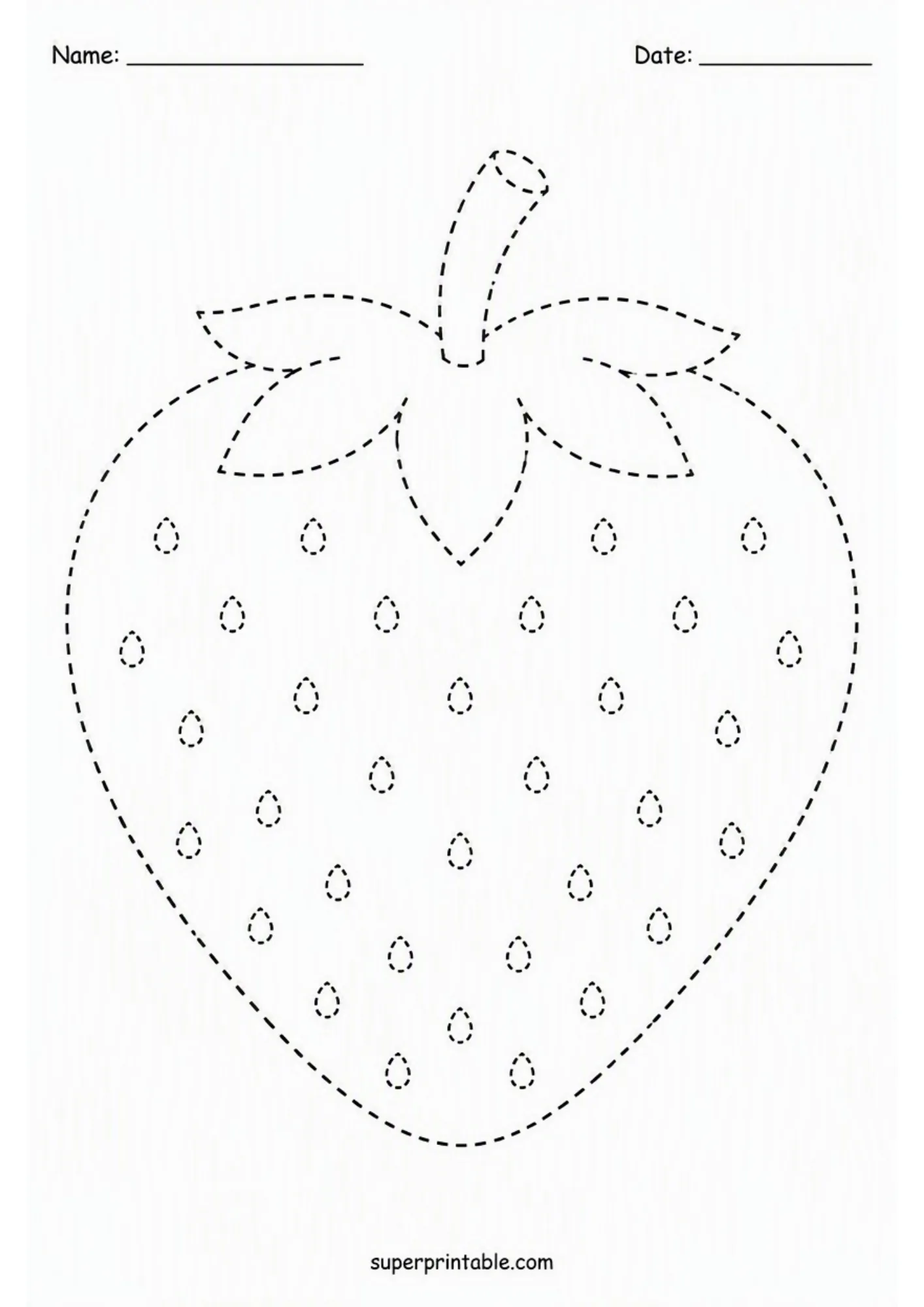 Heart shaped strawberry tracing page with small seeds and leaf cap.