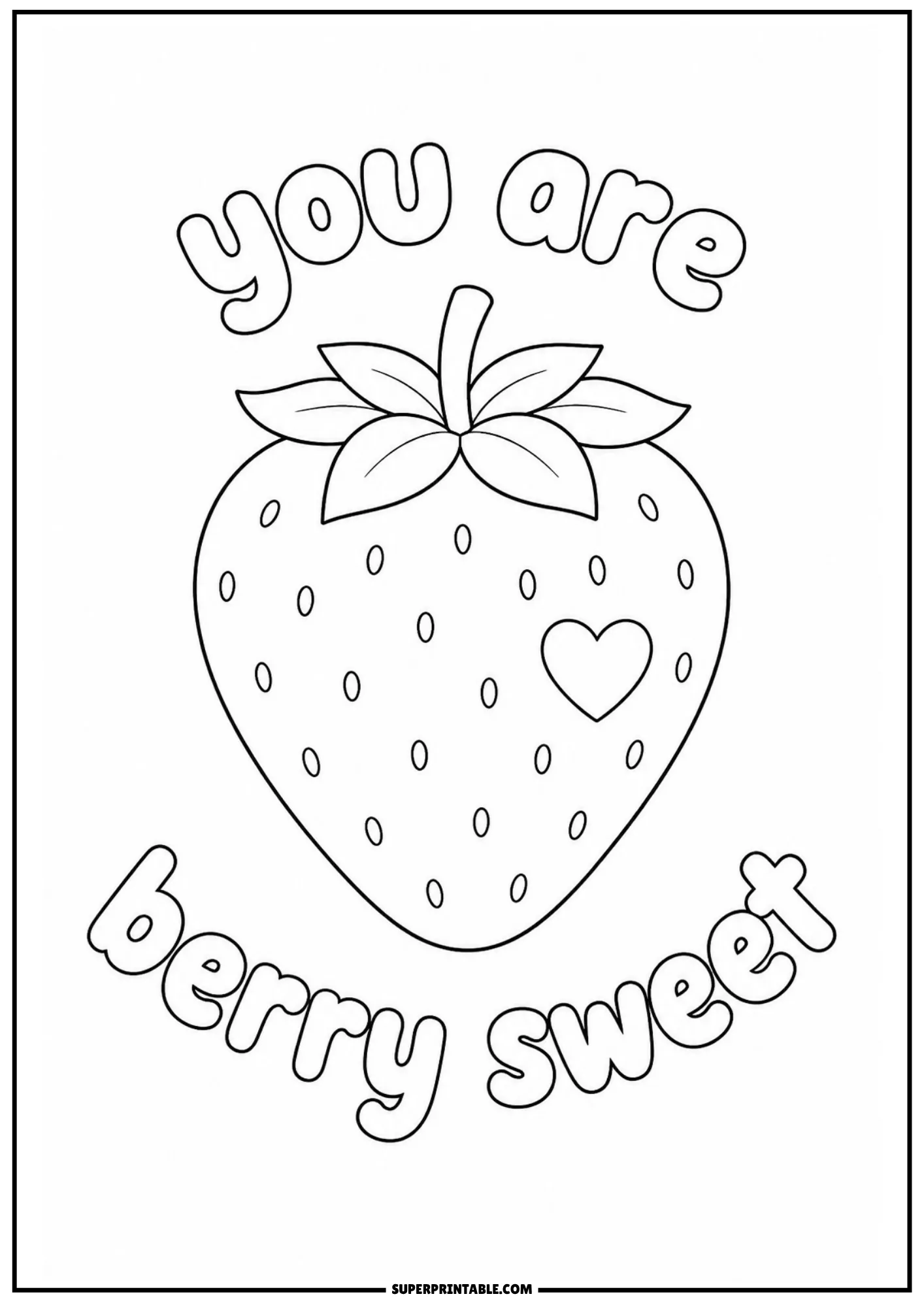 Heart decorated strawberry outline page with affectionate message to color.
