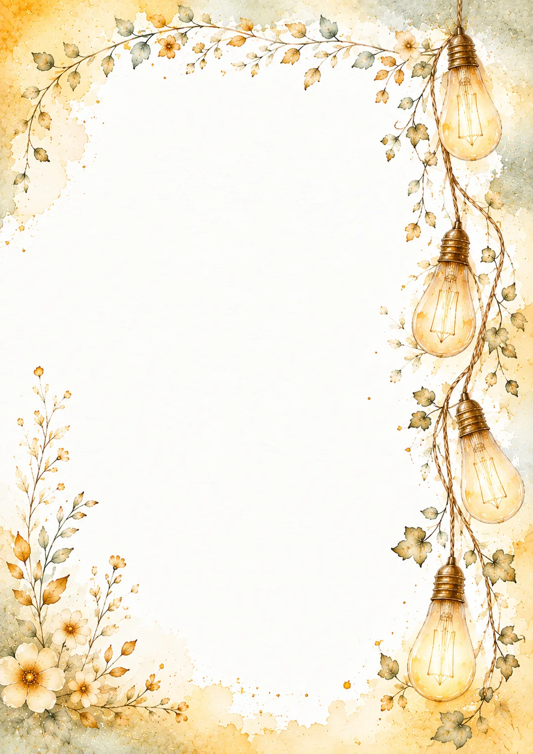 Warm string lights with watercolor flowers and leafy vines surrounding a large blank center