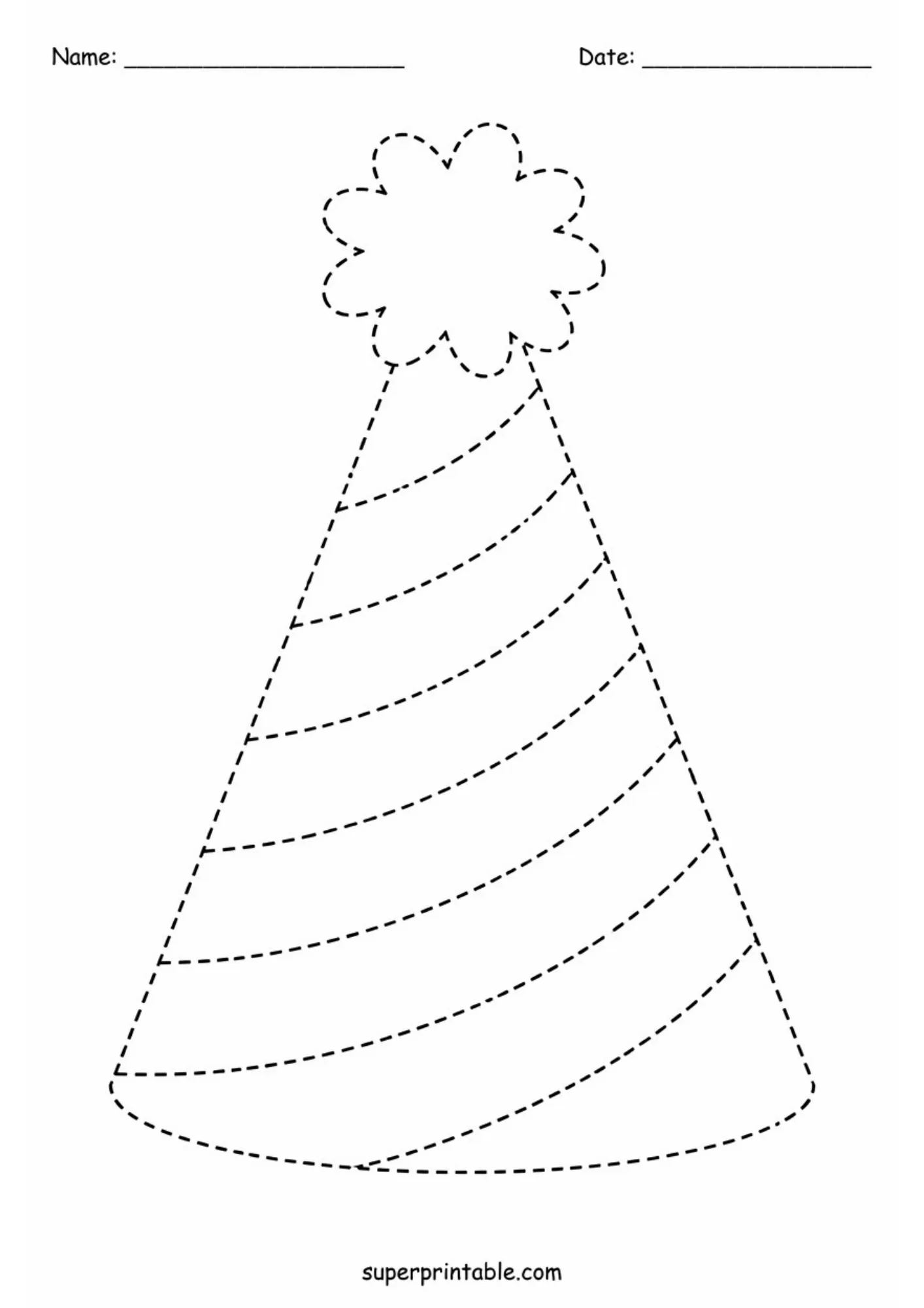 Line tracing activity page with a tall striped birthday party hat for early childhood fine motor practice.