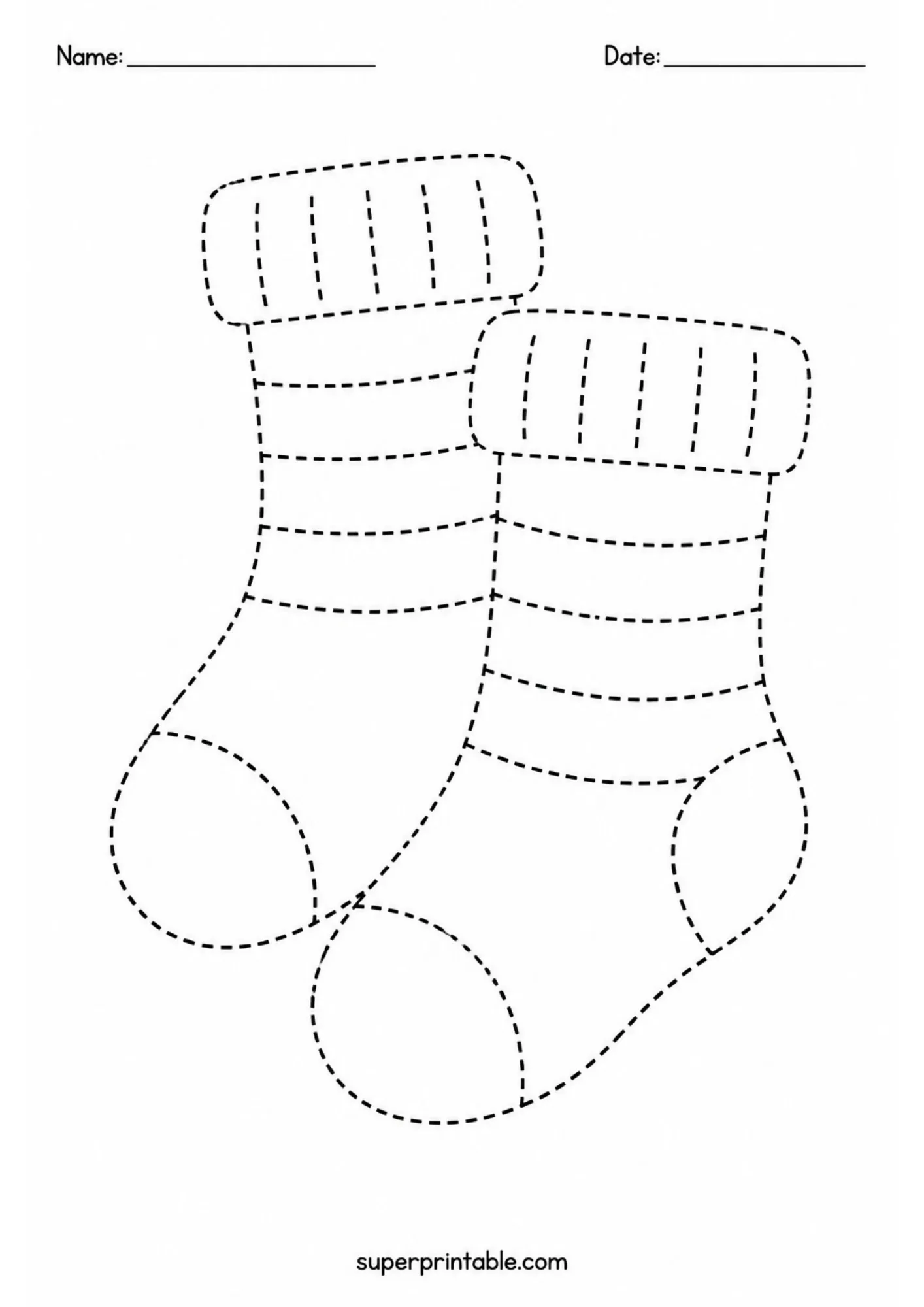 Pair of cozy striped winter socks line tracing printable page for early learning.