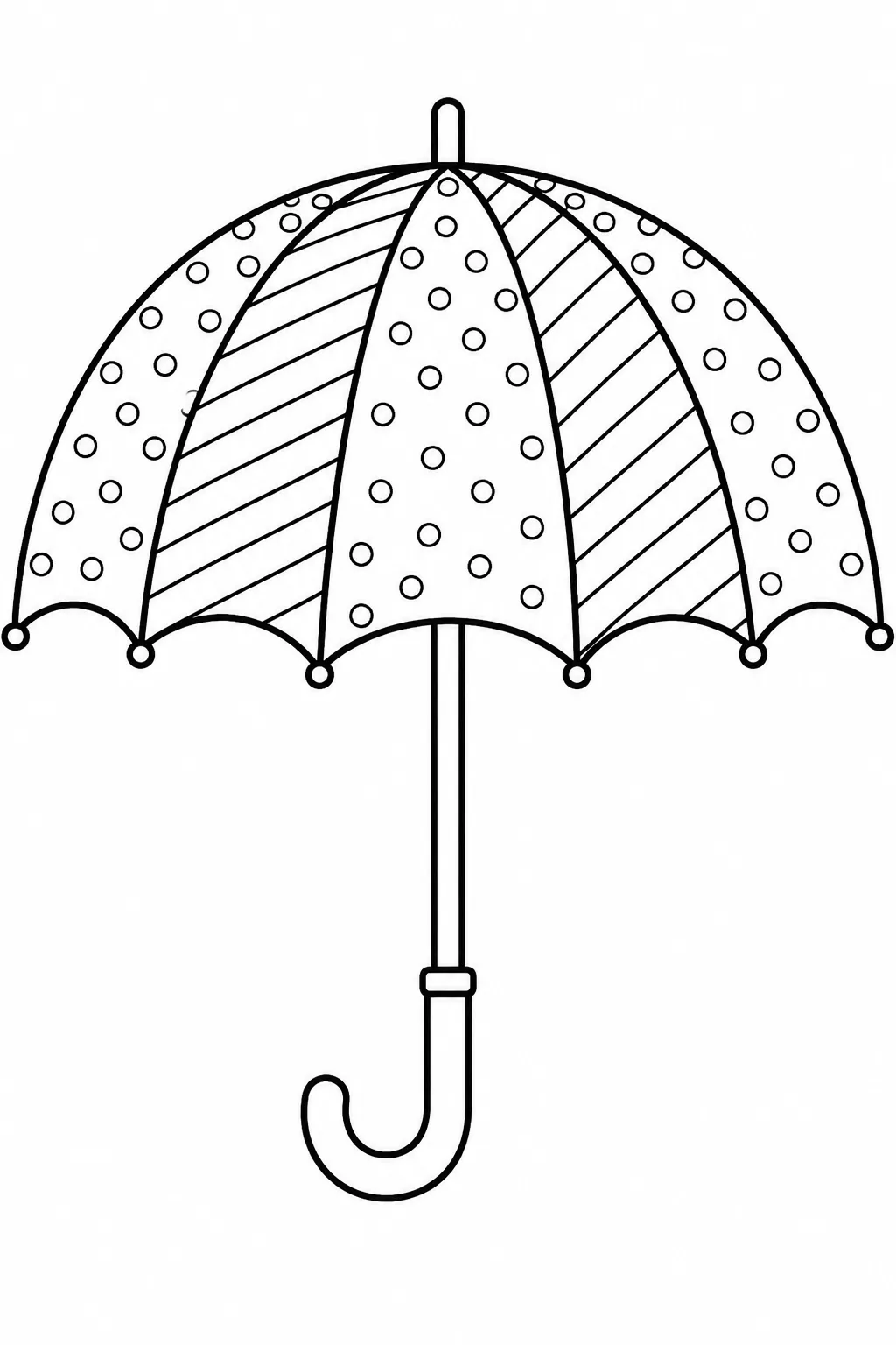 Rain shade divided into panels with diagonal stripes and polka dots.