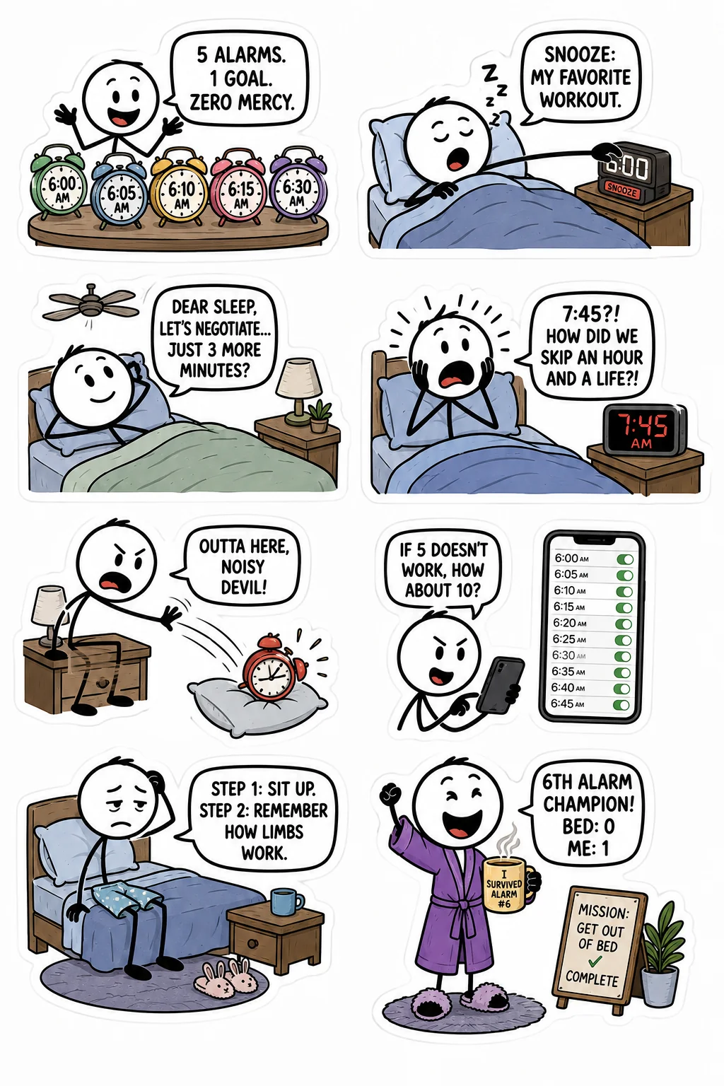 Printable student survival sticker sheet with eight five alarm morning stick-figure stickers