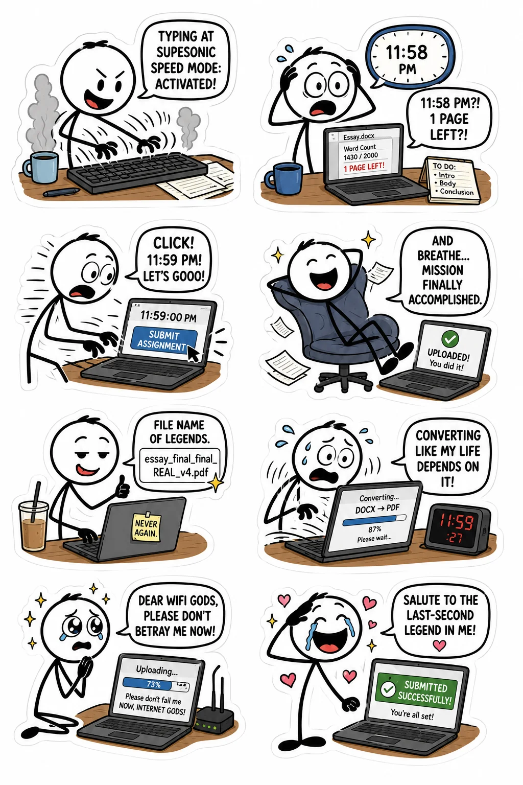 Printable student survival sticker sheet with eight submit at 11:59 stick-figure stickers