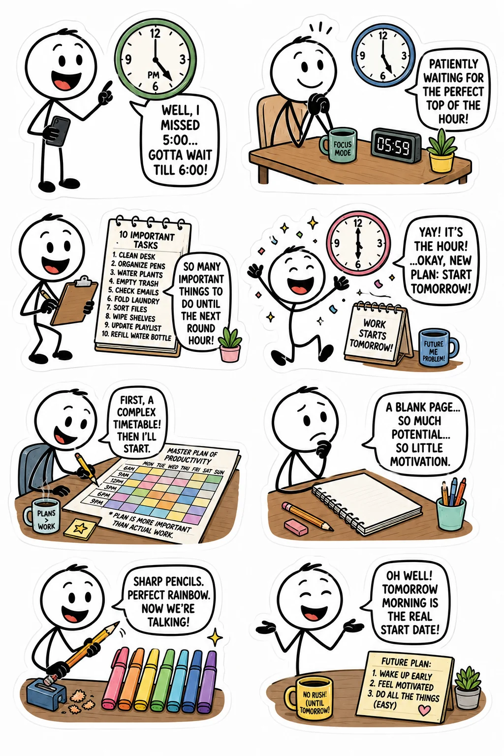 Printable student survival sticker sheet with eight start at 5 pm stick-figure stickers