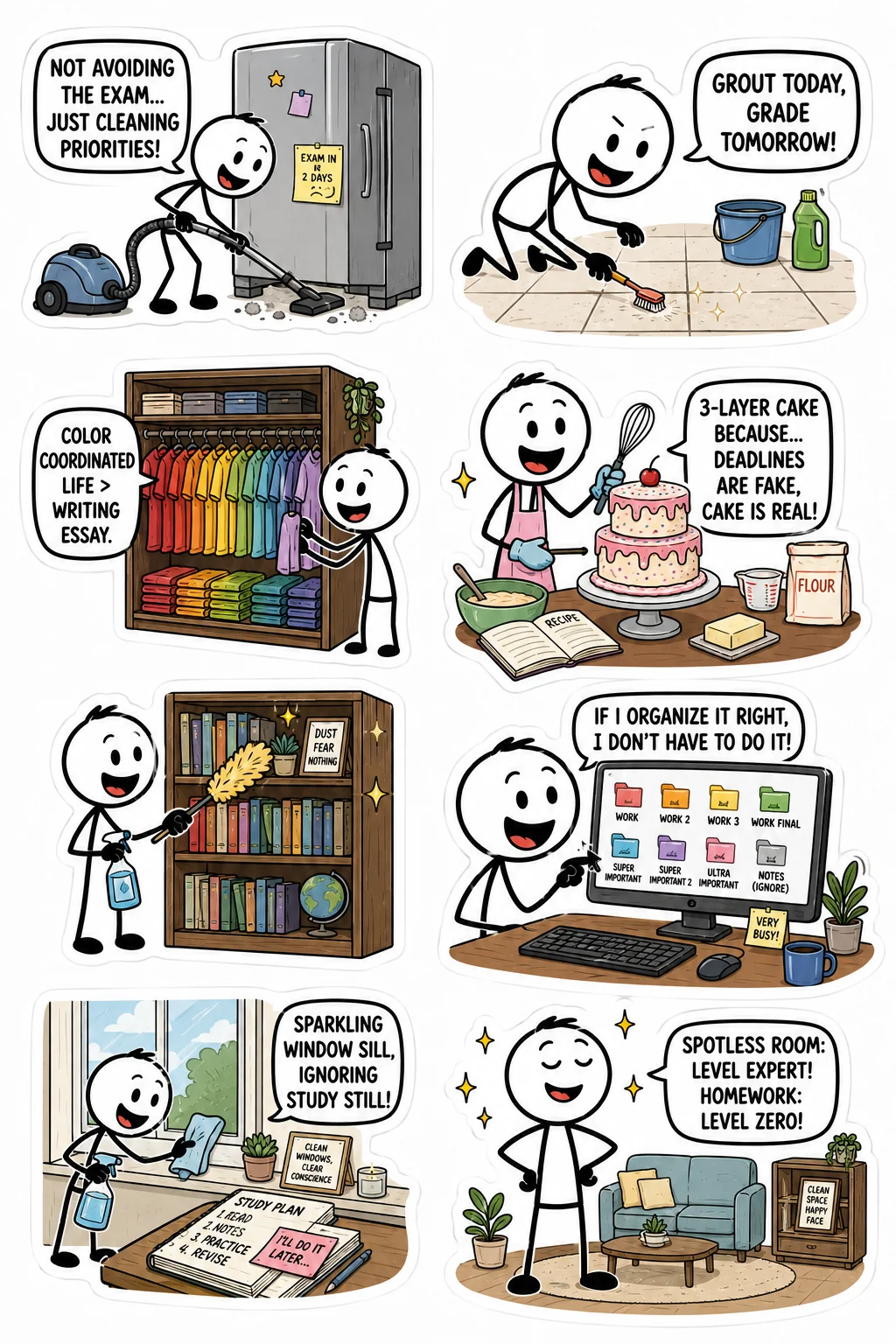 Printable student survival sticker sheet with eight productive procrastination stick-figure stickers