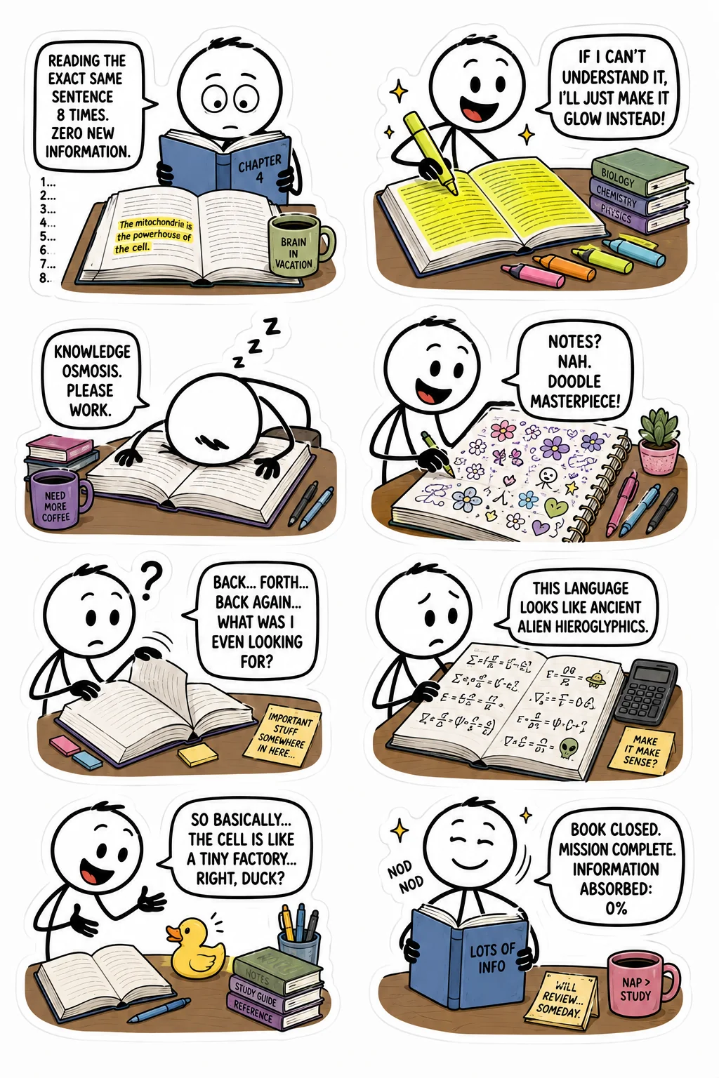 Printable student survival sticker sheet with eight blank study notes stick-figure stickers