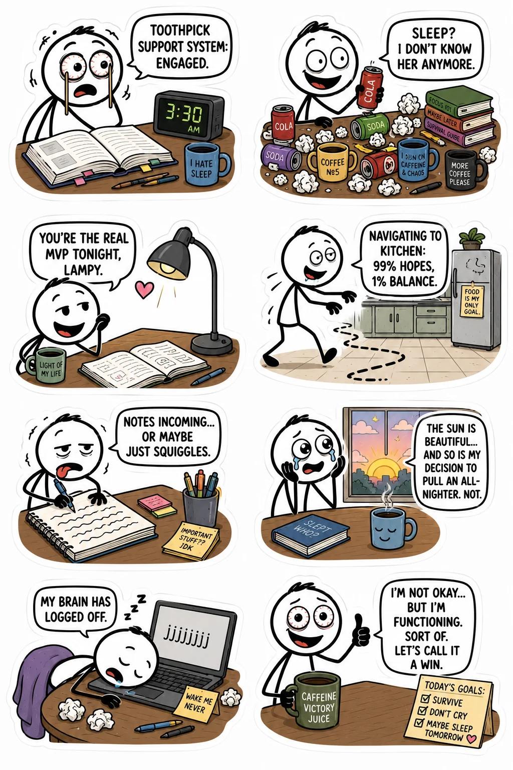 Printable student survival sticker sheet with eight all-nighter regret stick-figure stickers