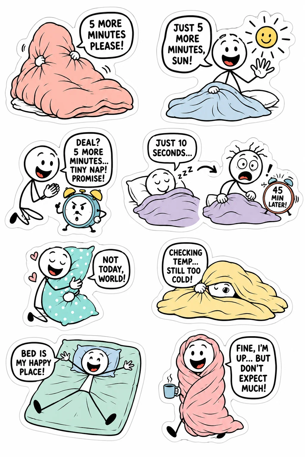 Printable student survival sticker sheet with eight five more minutes stick-figure stickers