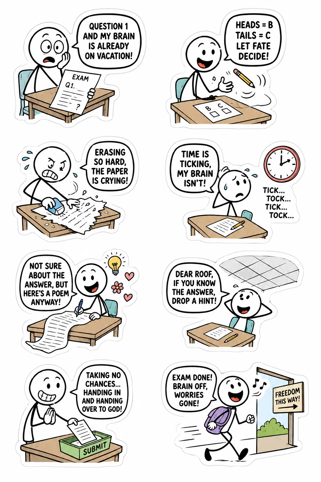 Printable student survival sticker sheet with eight exam brain blank stick-figure stickers