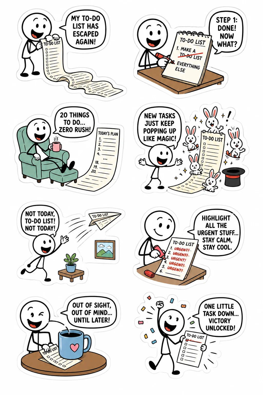 Printable student survival sticker sheet with eight growing to-do list stick-figure stickers
