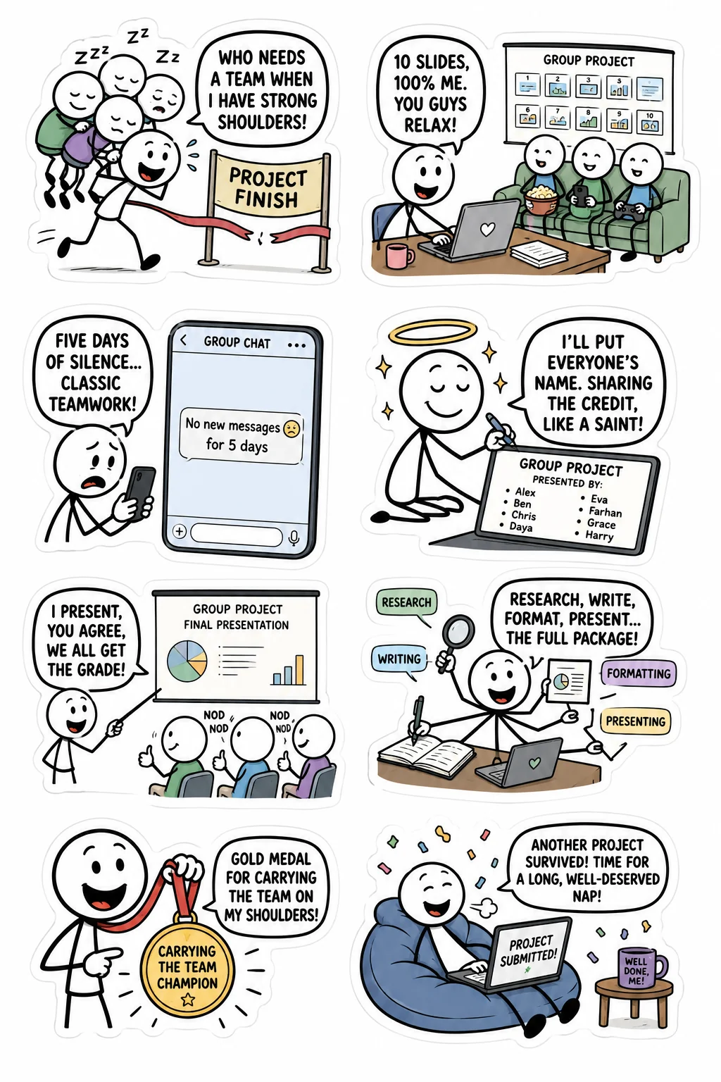 Printable student survival sticker sheet with eight group project carry stick-figure stickers