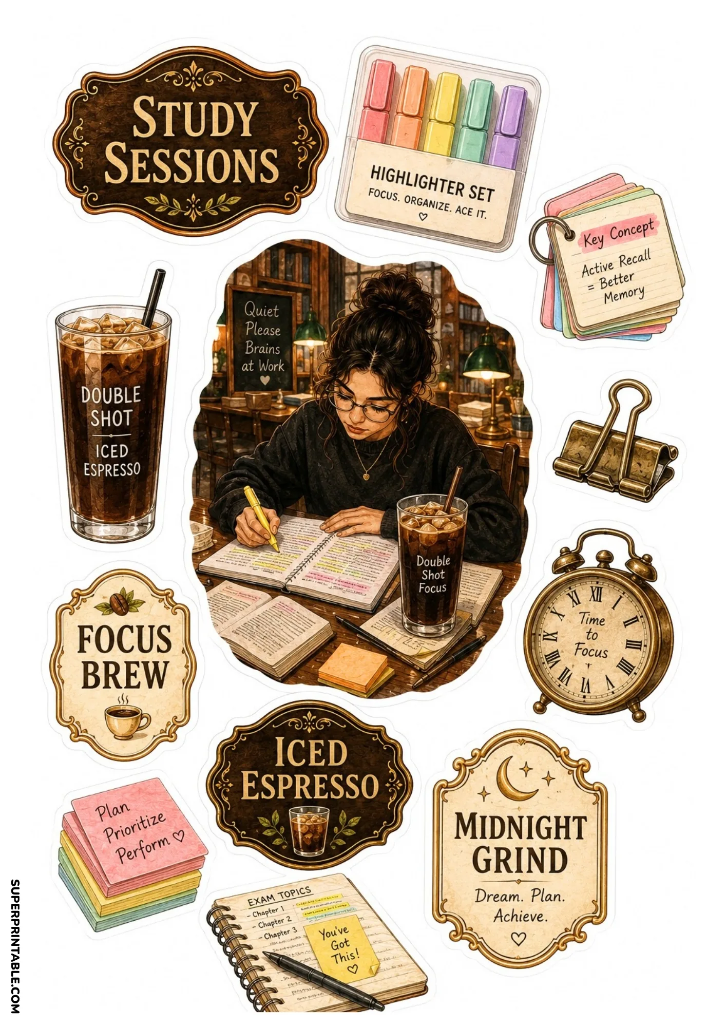 Late night study session stickers with iced espresso glass, highlighters, sticky notes, and clock.