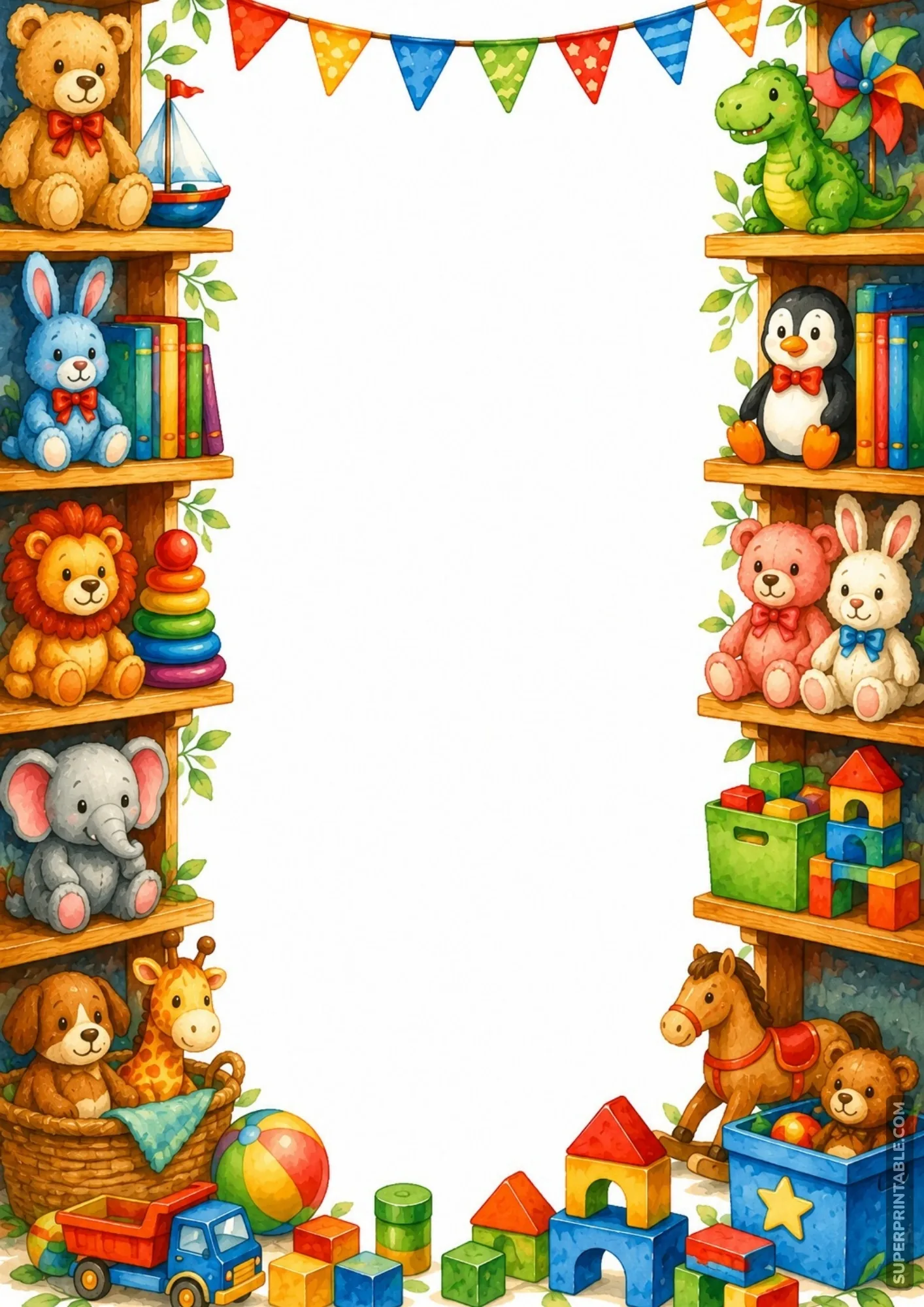 Cute border design filled with plush stuffed animals and a wooden rocking horse.