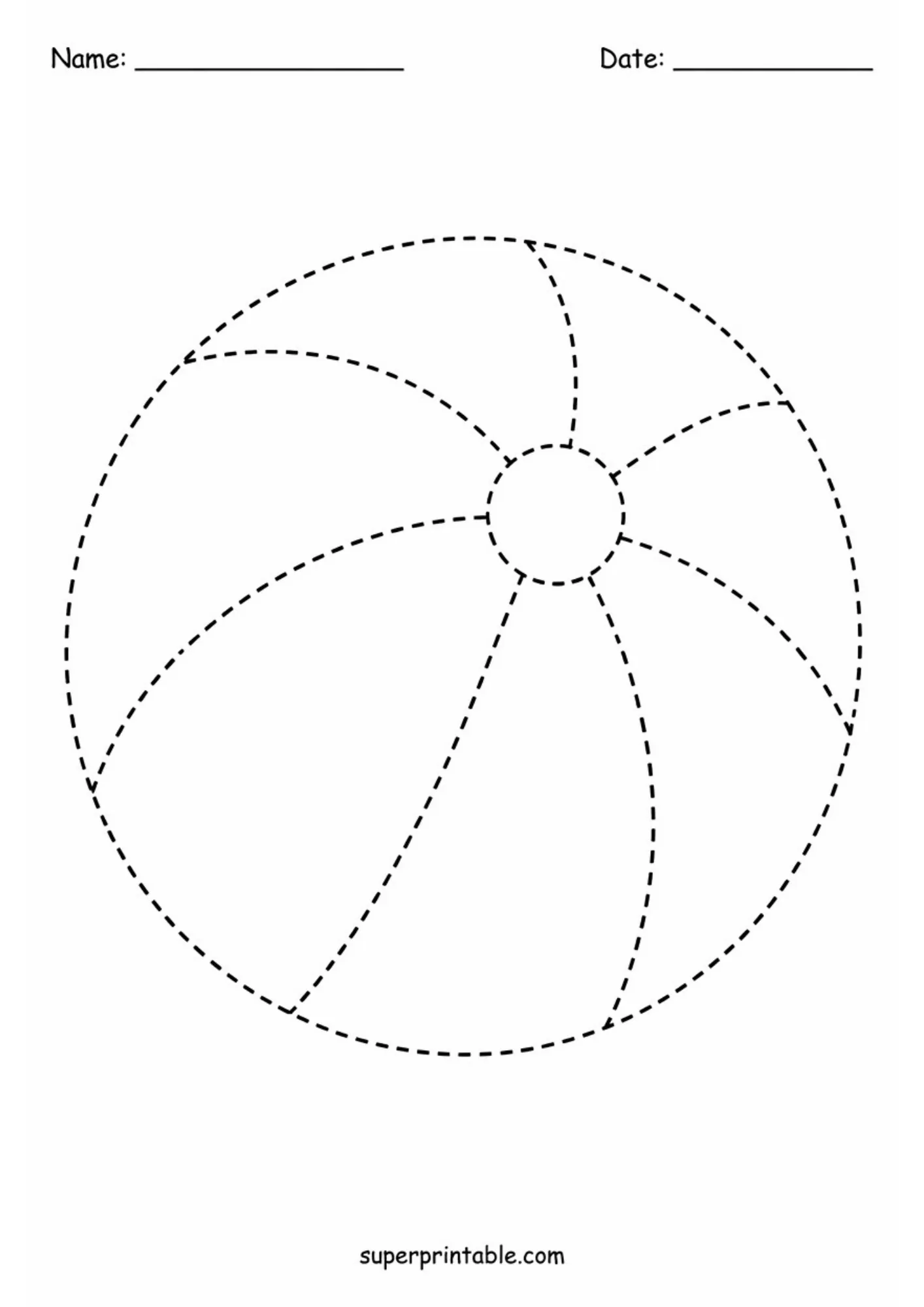 Black and white tracing worksheet of a round beach ball divided into curved sections by dashed lines.