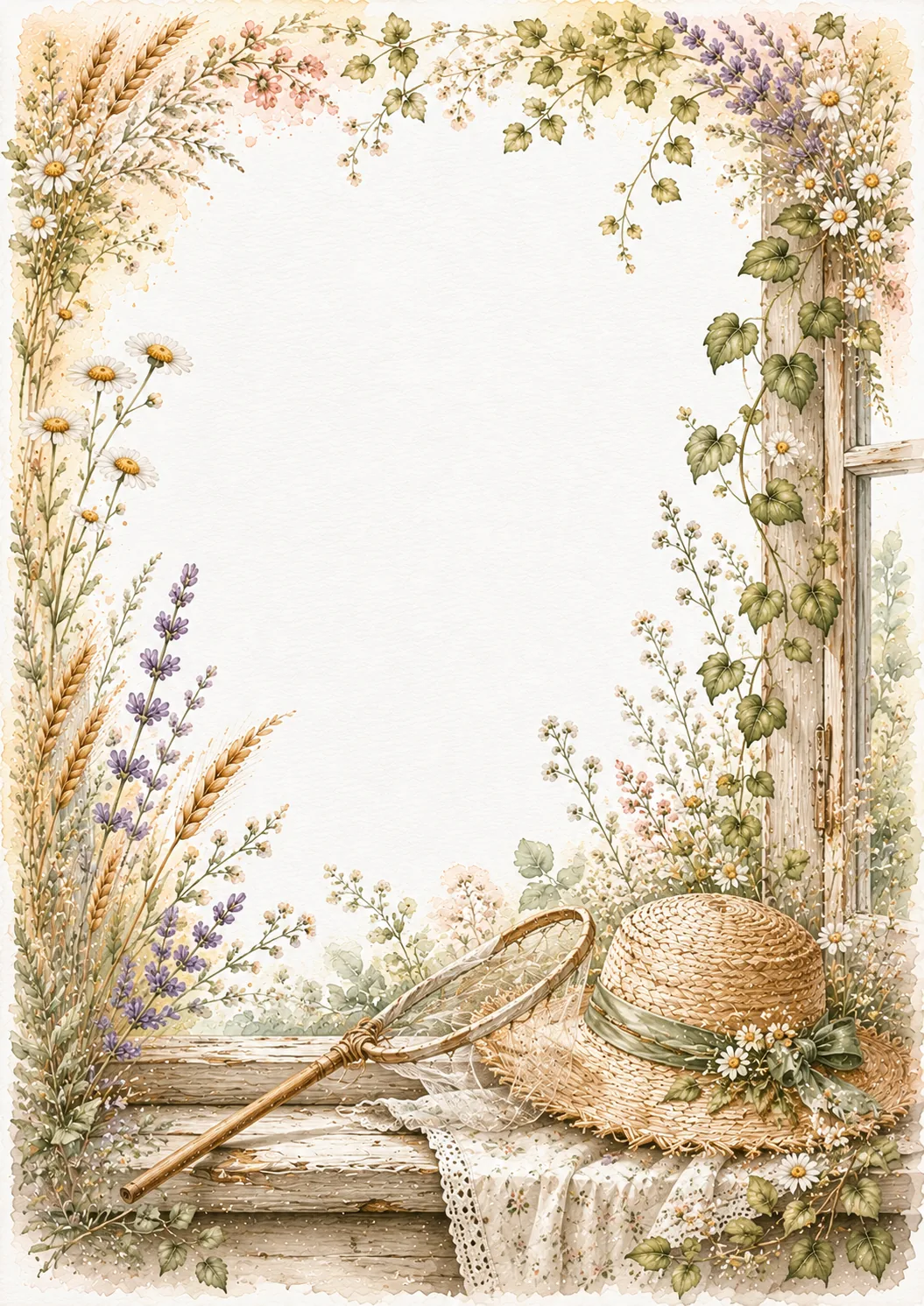 August writing paper borders with straw hat, butterfly net, lavender, daisies, and wheat