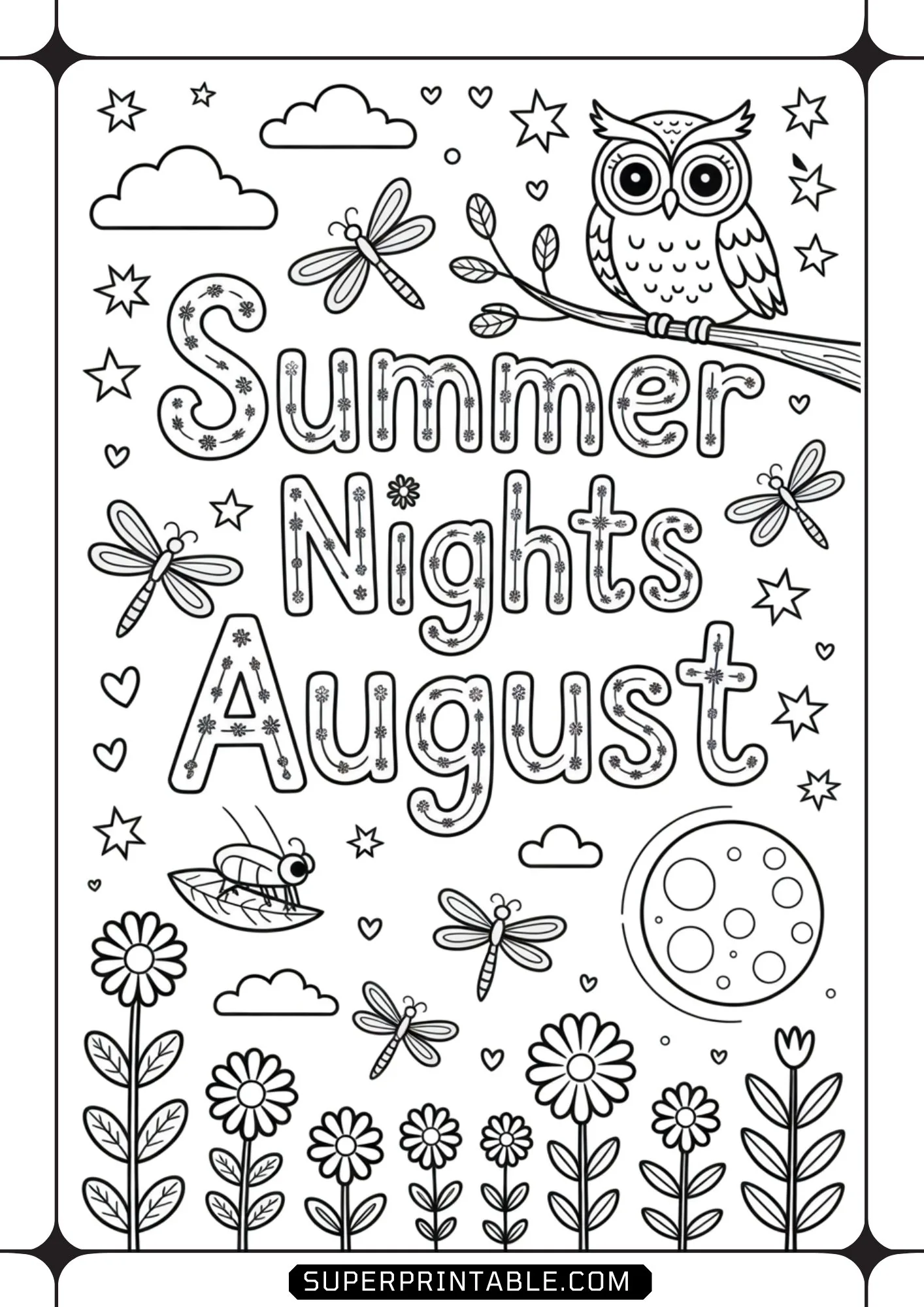 Cute owl perched on a tree branch at night under a full moon with fluttering dragonflies and flowers.