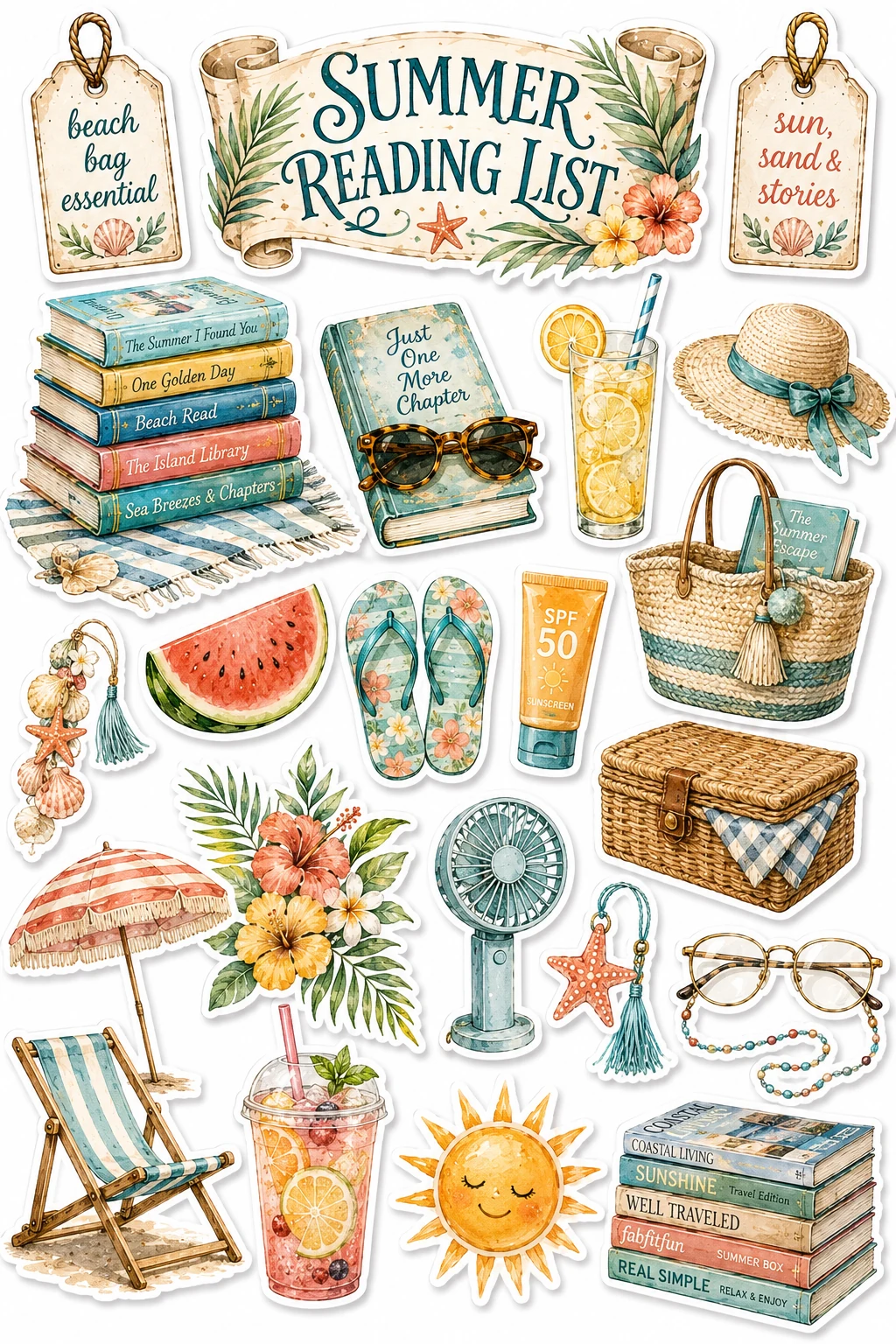 Summer Reading List Beach Bag Drink Sheet featuring reading nooks, vintage books, library aesthetic, and bookshop culture.
