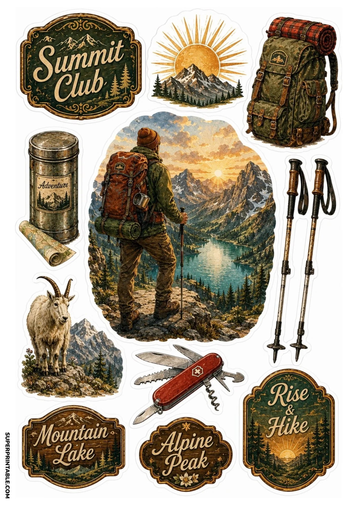 Mountain summit sticker sheet featuring a backpacker at sunrise peak, loaded backpack, mountain goat, pocket knife, trekking poles, and hiking badges.