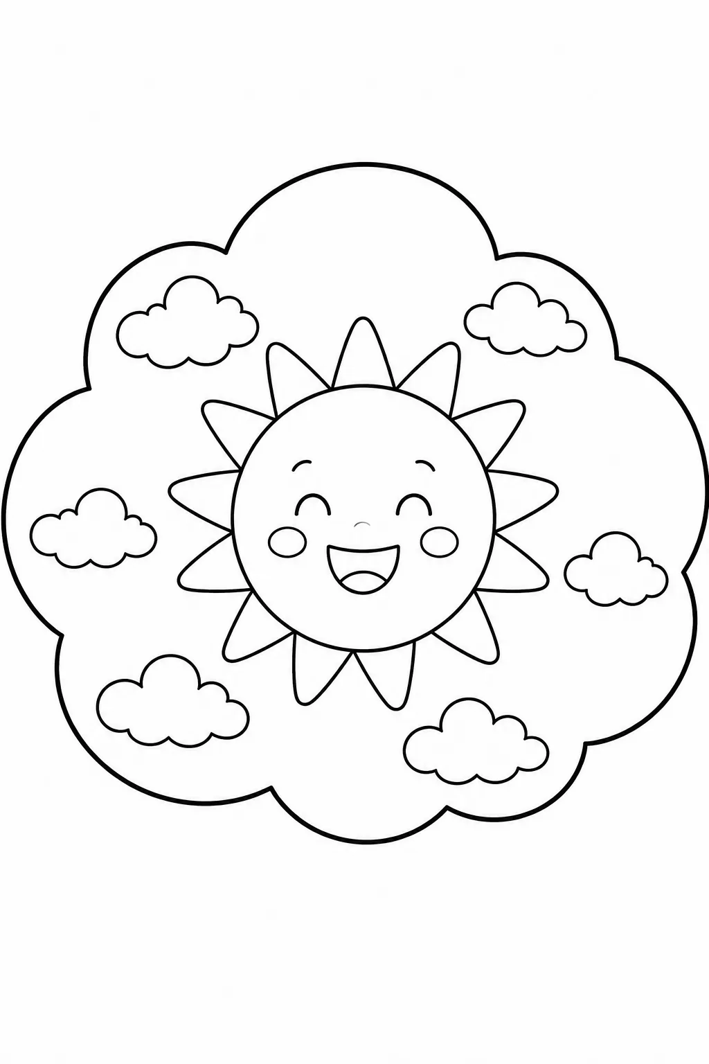 Smiling sun surrounded by smaller fluffy clouds inside a large outline.
