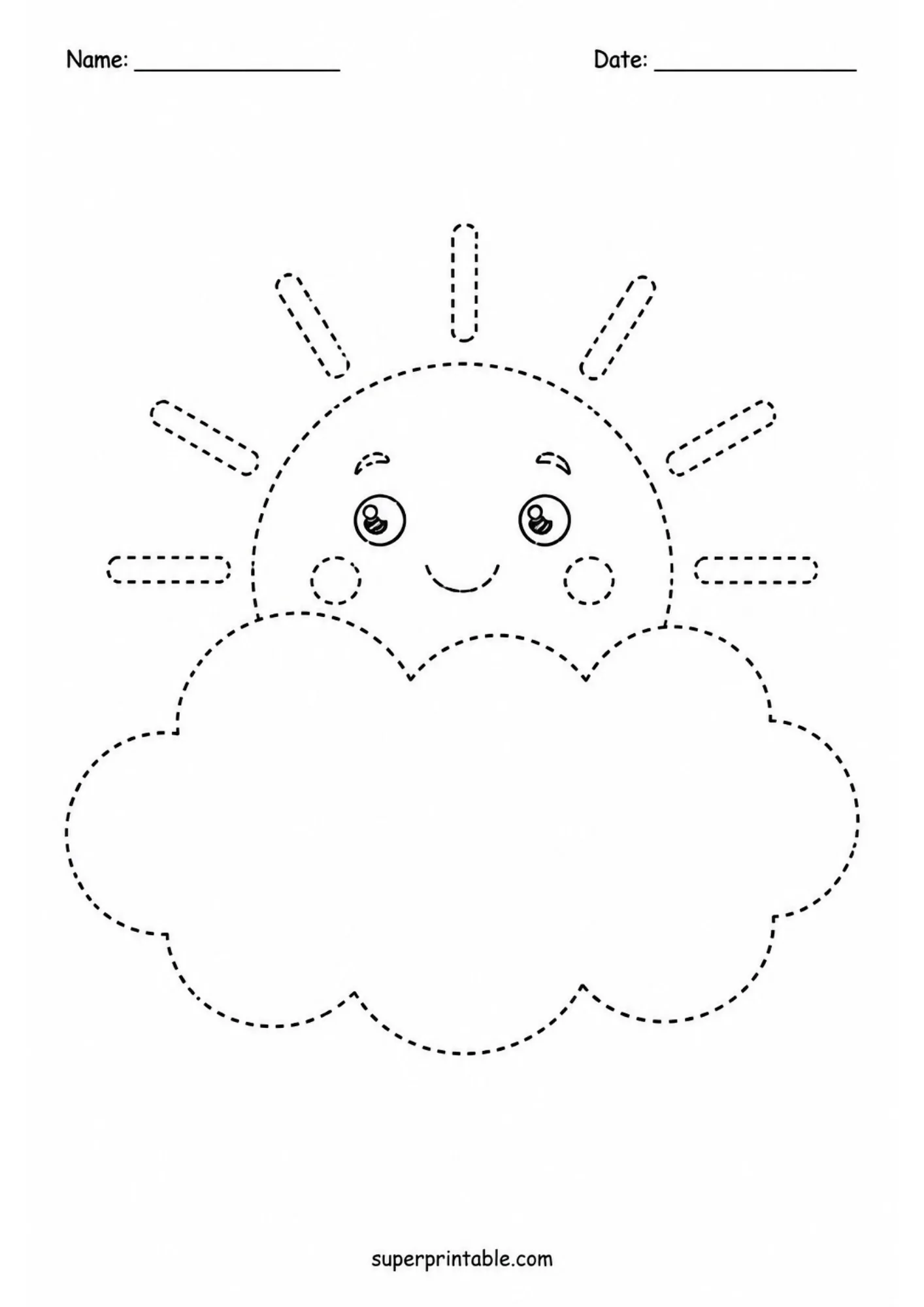 Black and white tracing worksheet of a smiling sun rising behind a large fluffy cloud outline in dashed lines.