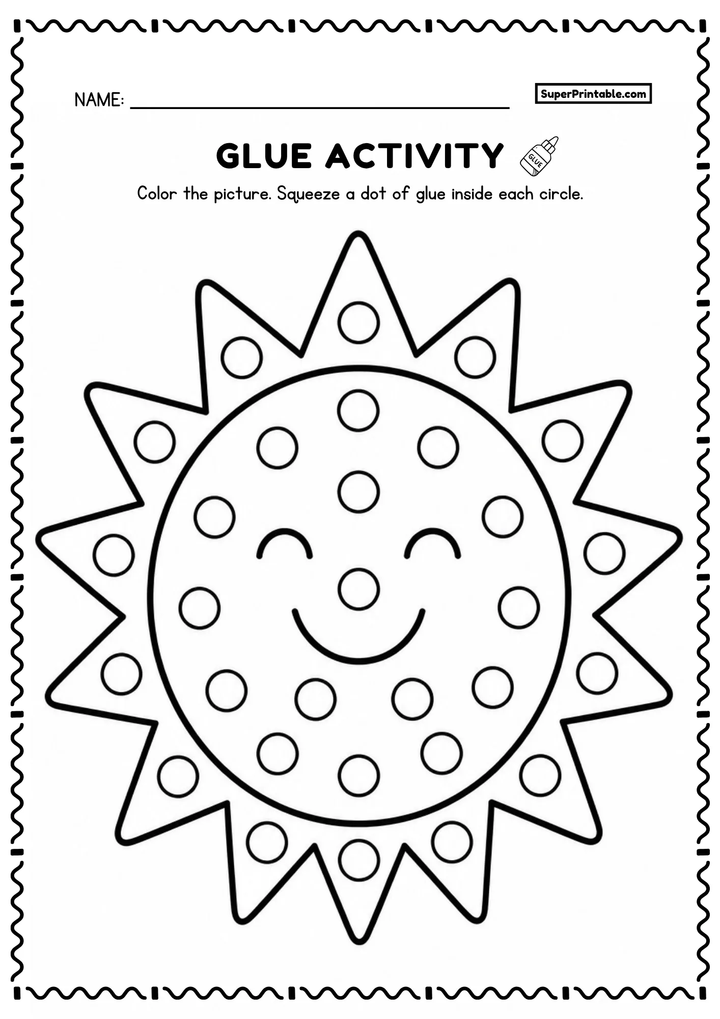 Smiling sun printable glue activity worksheet with pointed rays and dot circles for toddlers