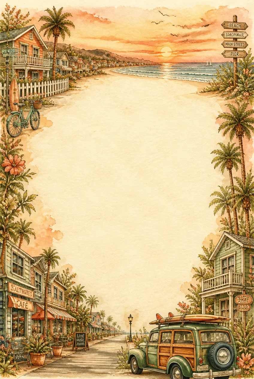 Sun-drenched beach houses and dunes watercolor scene framing a blank off-white layout.