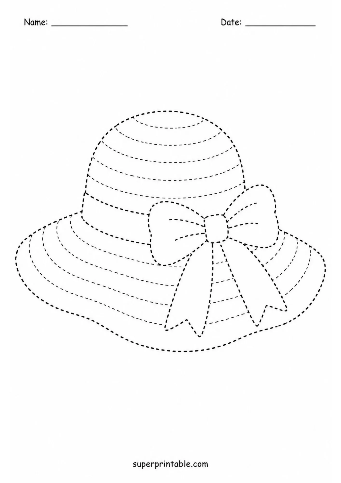 Wide-brimmed sun hat line tracing activity sheet with a decorative ribbon bow.