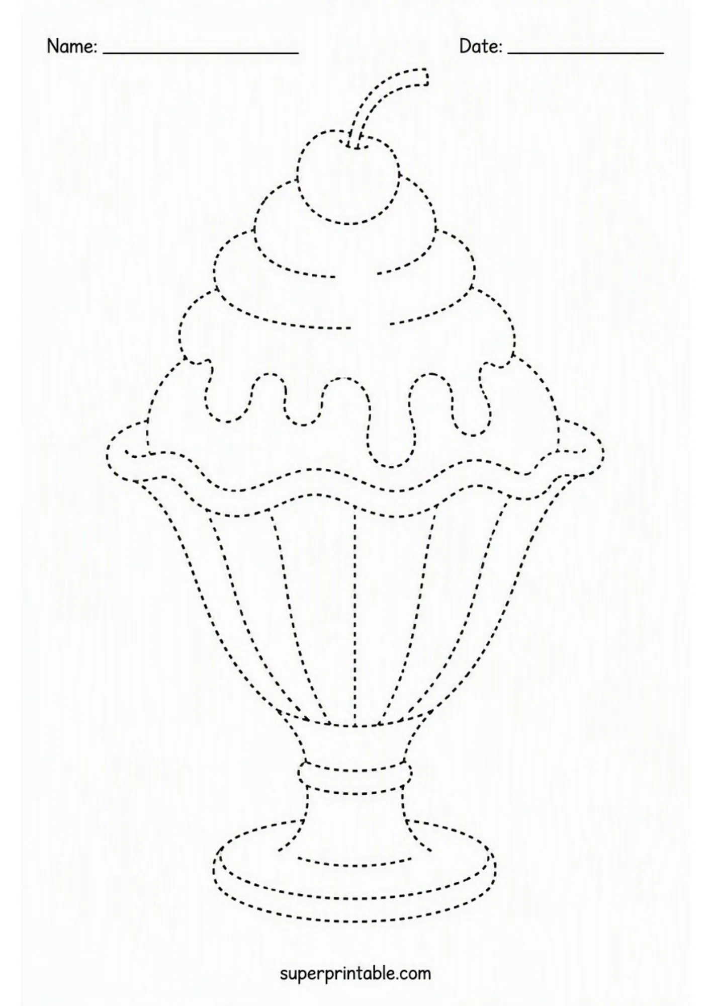 Ice cream parlor worksheets displaying a classic sundae glass topped with a cherry.