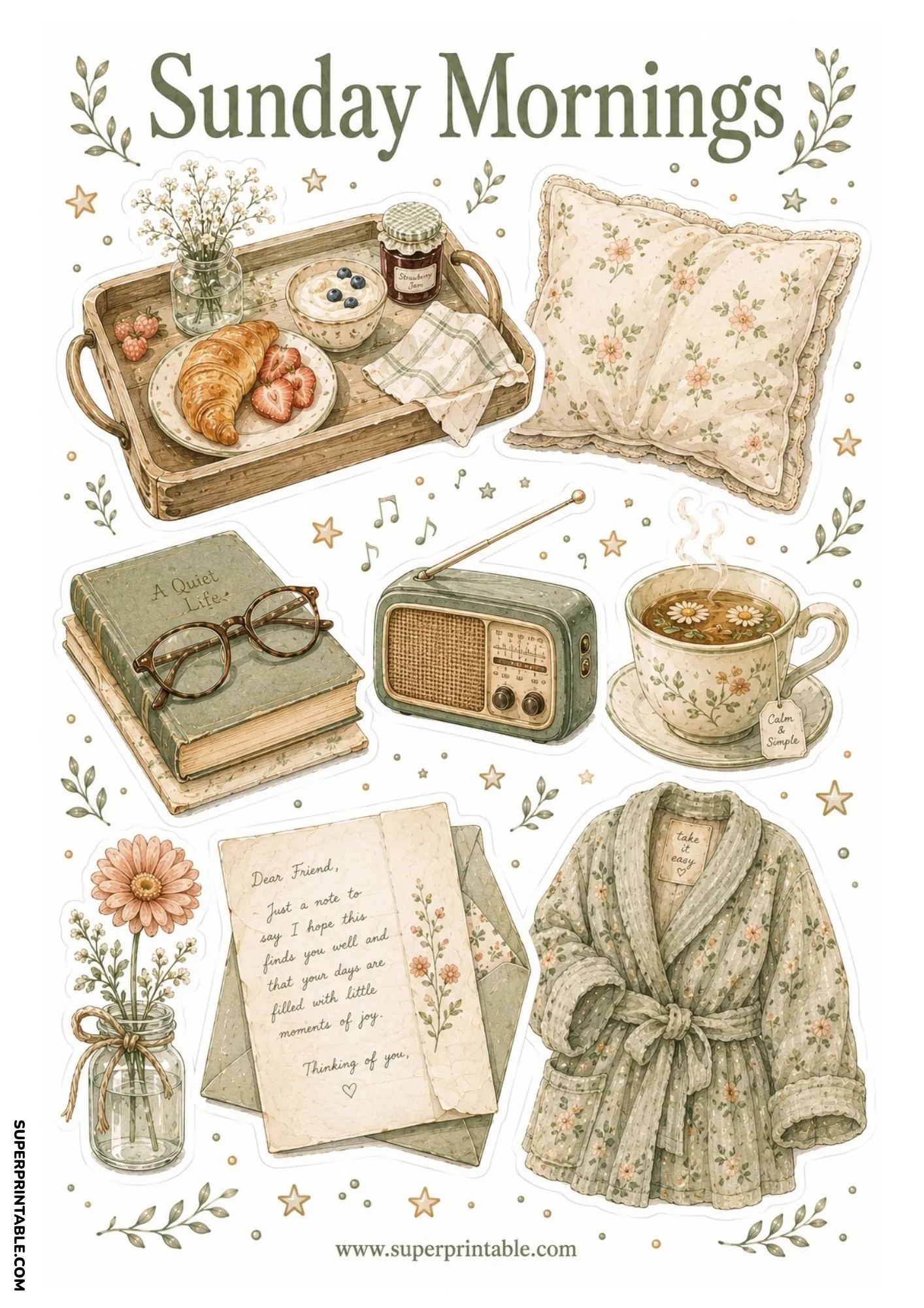 Breakfast tray with croissant and coffee next to a floral bathrobe, radio, spectacles on books, and letter.