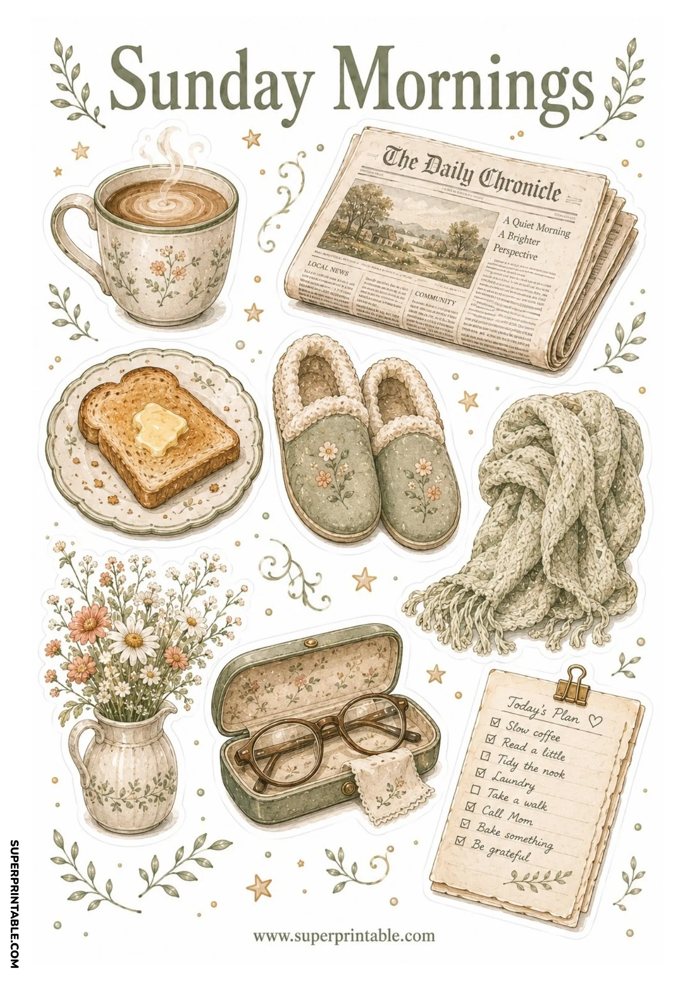 Steaming mug of coffee, buttered toast, daily newspaper, cozy slippers, and Today's Plan clipboard checklist.