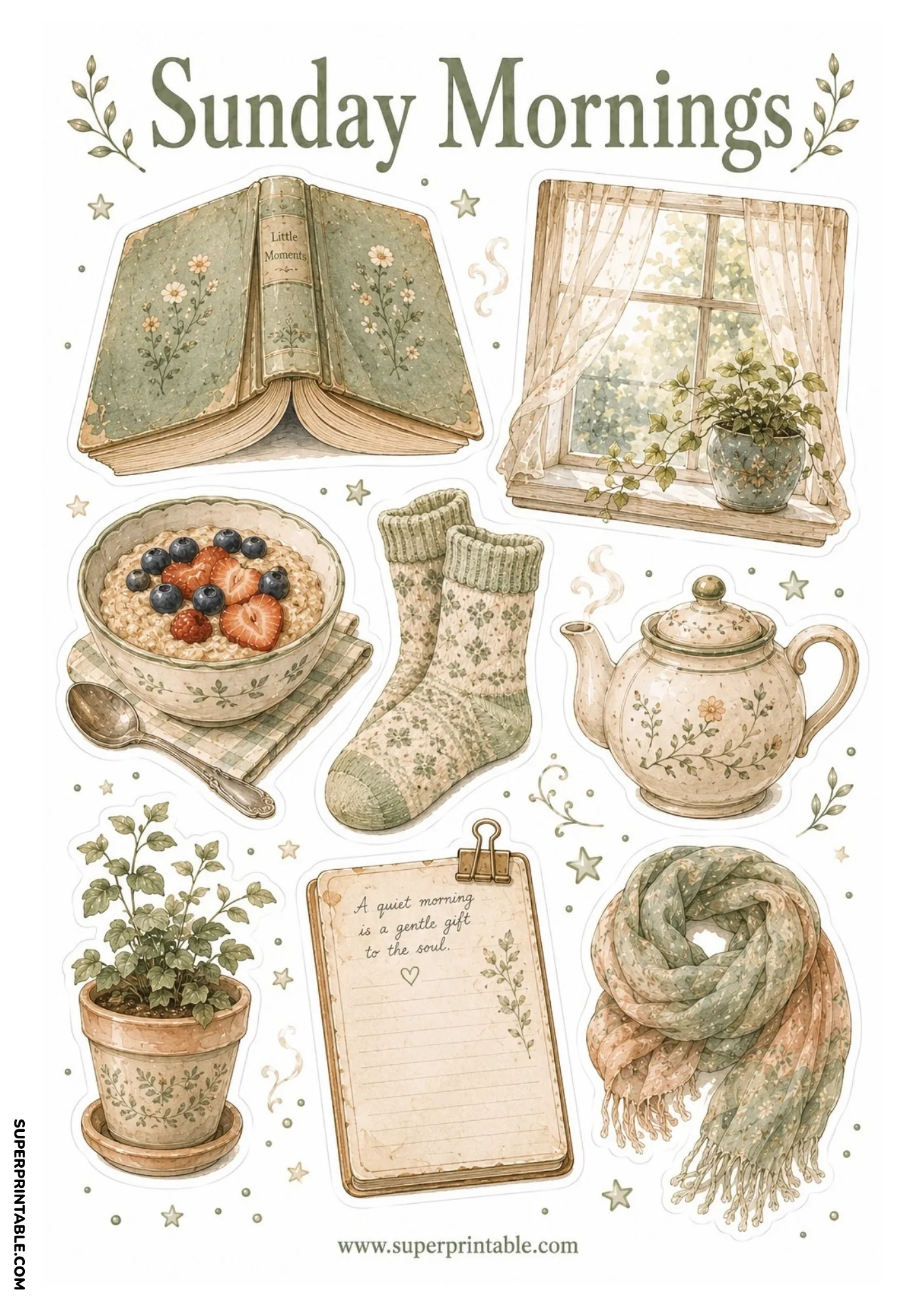 Bowl of berry oatmeal, ceramic teapot, cozy knit socks, potted plant, and a window view with lace curtains.