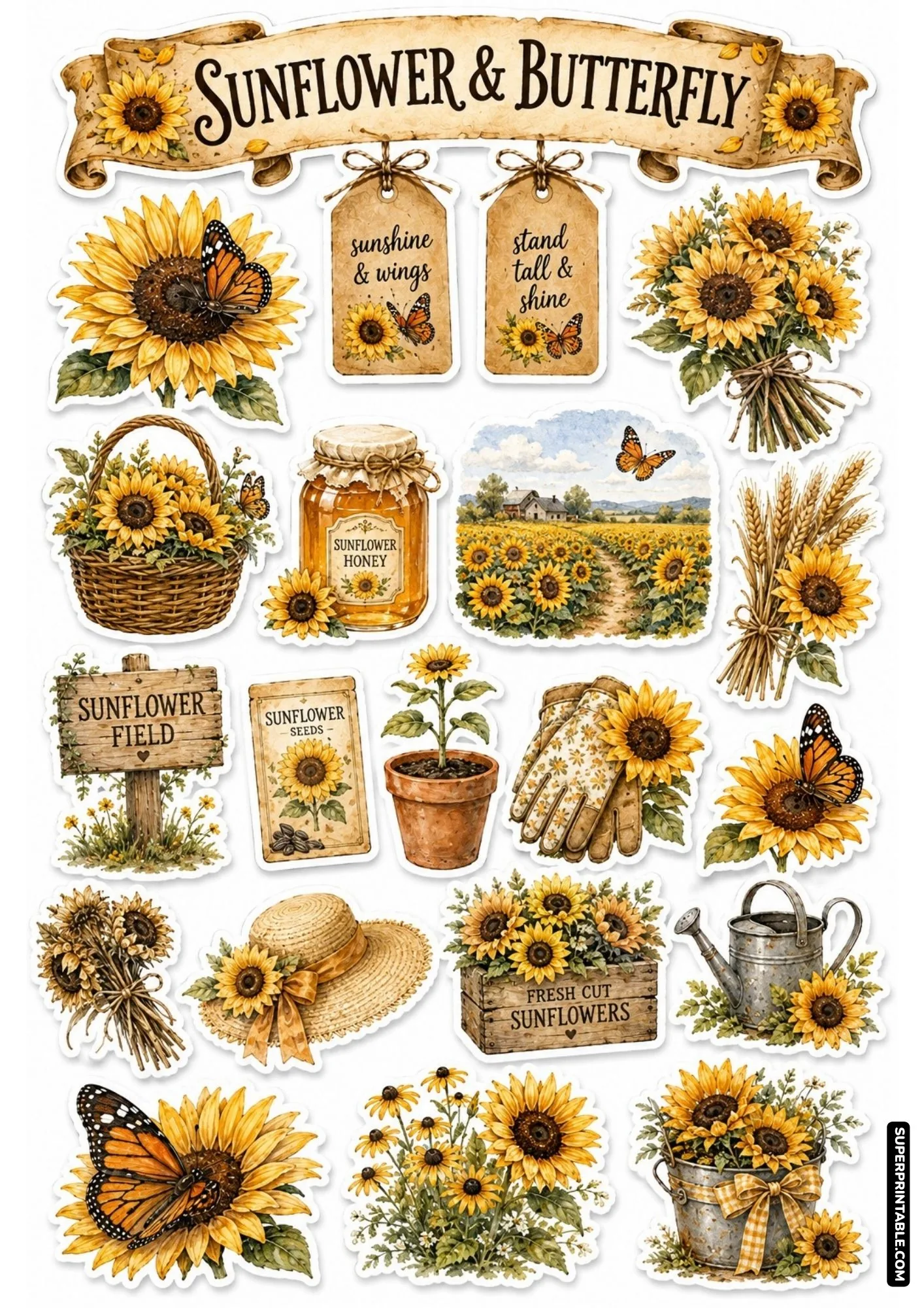 Sunny sunflower harvest sticker sheet featuring butterflies, giant blooming sunflowers, honey jars, and seed packets.