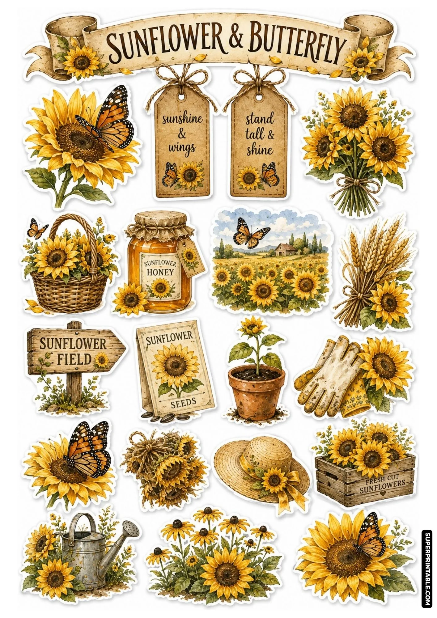 Vibrant sunflower and butterfly sticker sheet with golden yellow blooms, seed packets, and straw hats.