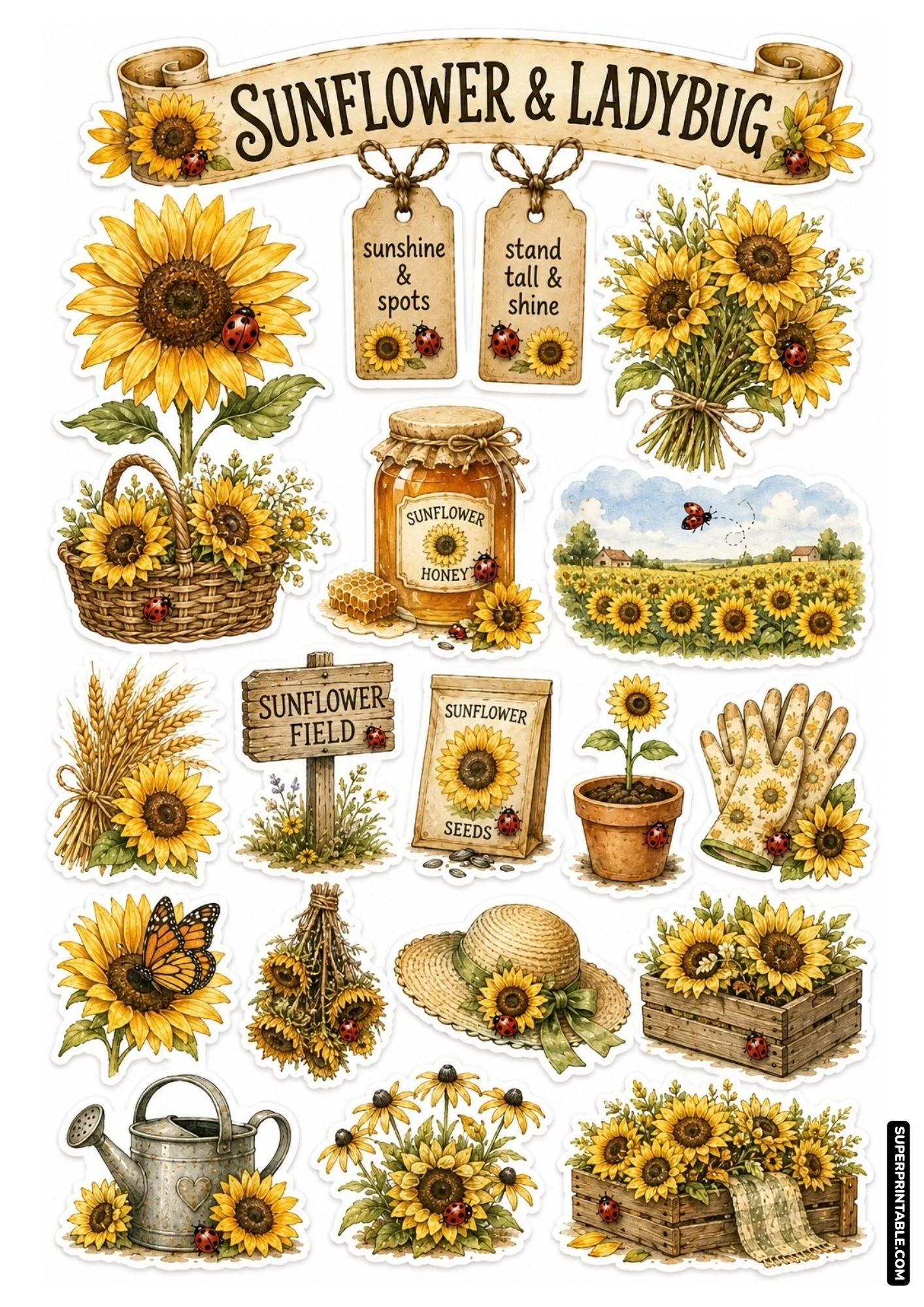 Sunny sunflower harvest sticker sheet featuring ladybugs, tall sunflowers, honey jars, and seed packets.