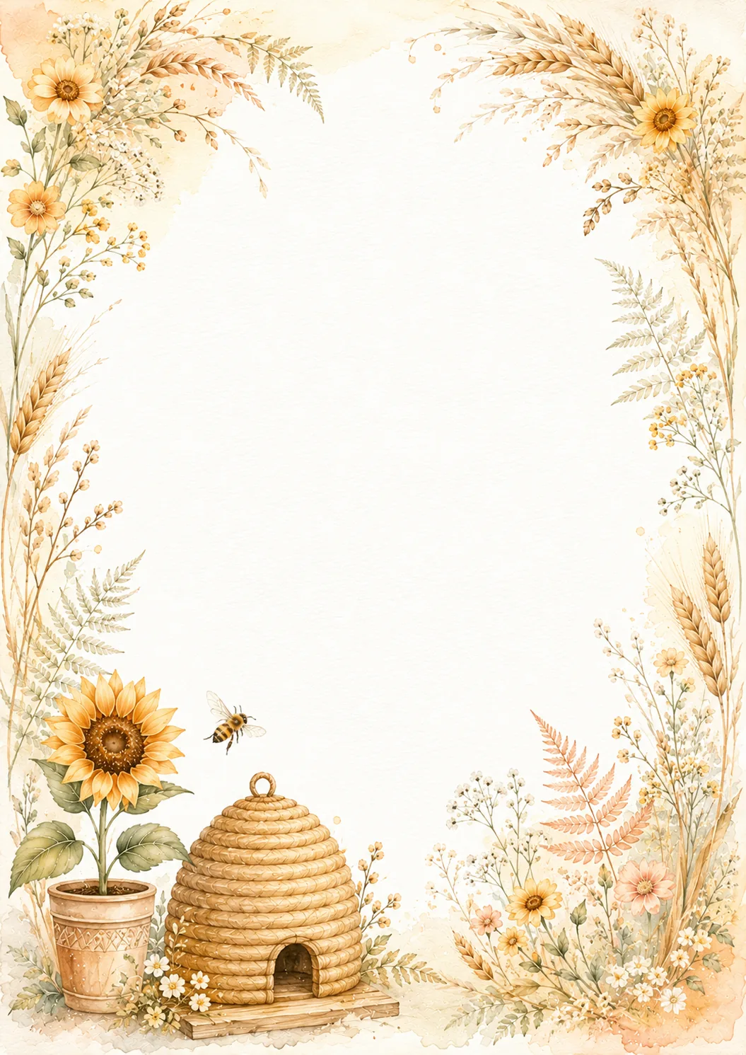 Watercolor writing border with sunflower, woven beehive, bee, wheat, ferns, and wildflowers