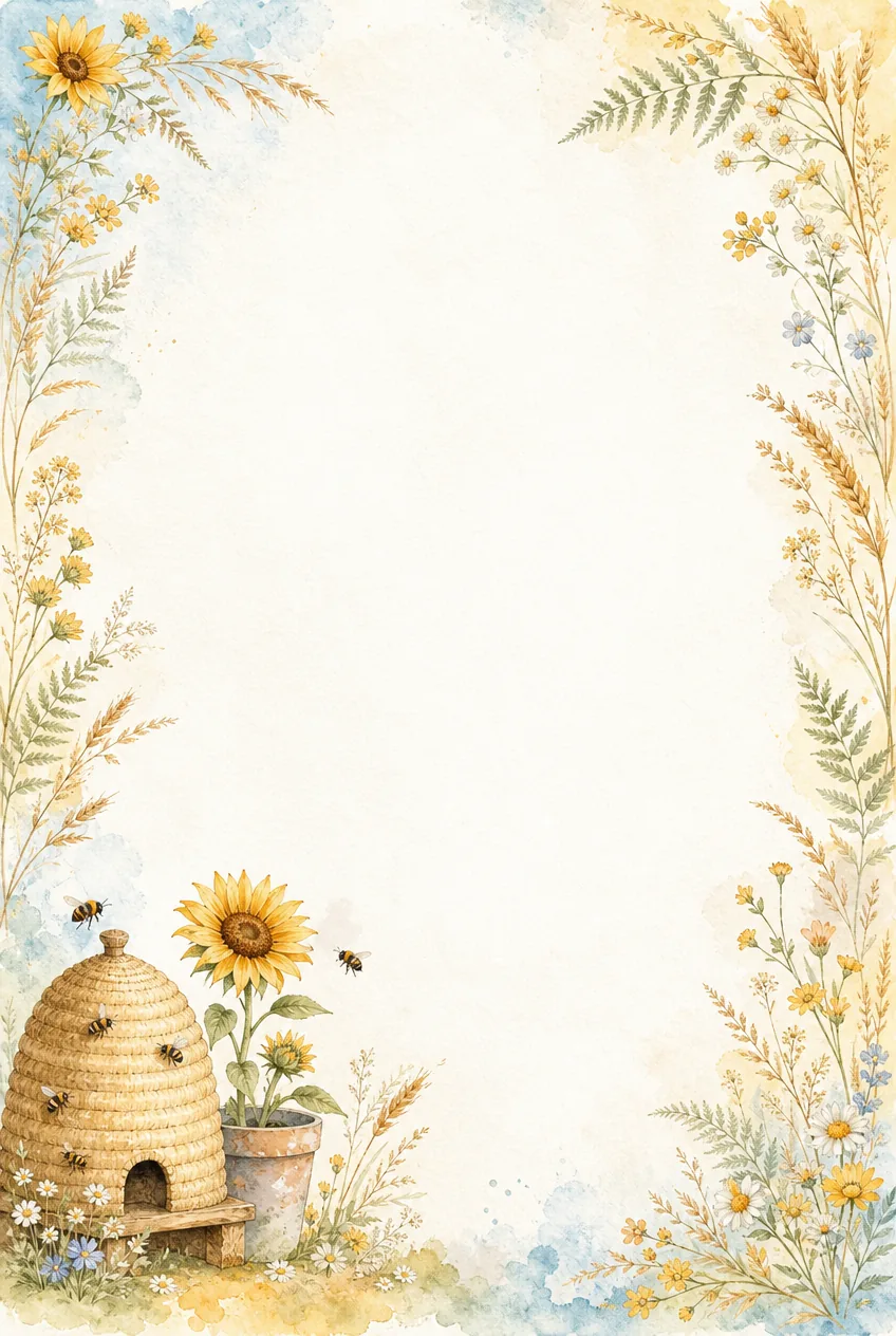Soft watercolor floral frame with a straw beehive, bees, sunflower, daisies, wheat, and wildflowers