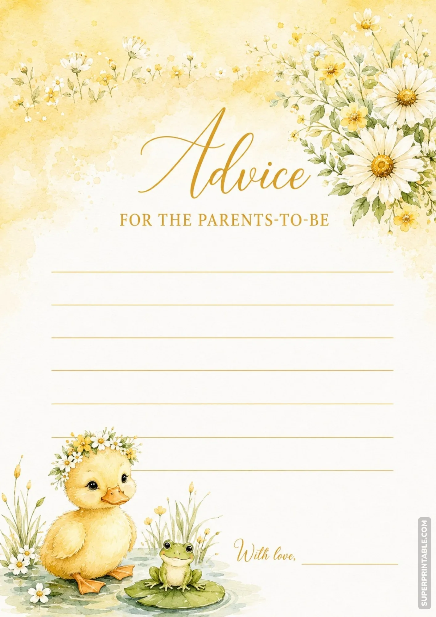 Meadow duckling baby shower advice card with cute yellow duckling and green frog by water lilies.