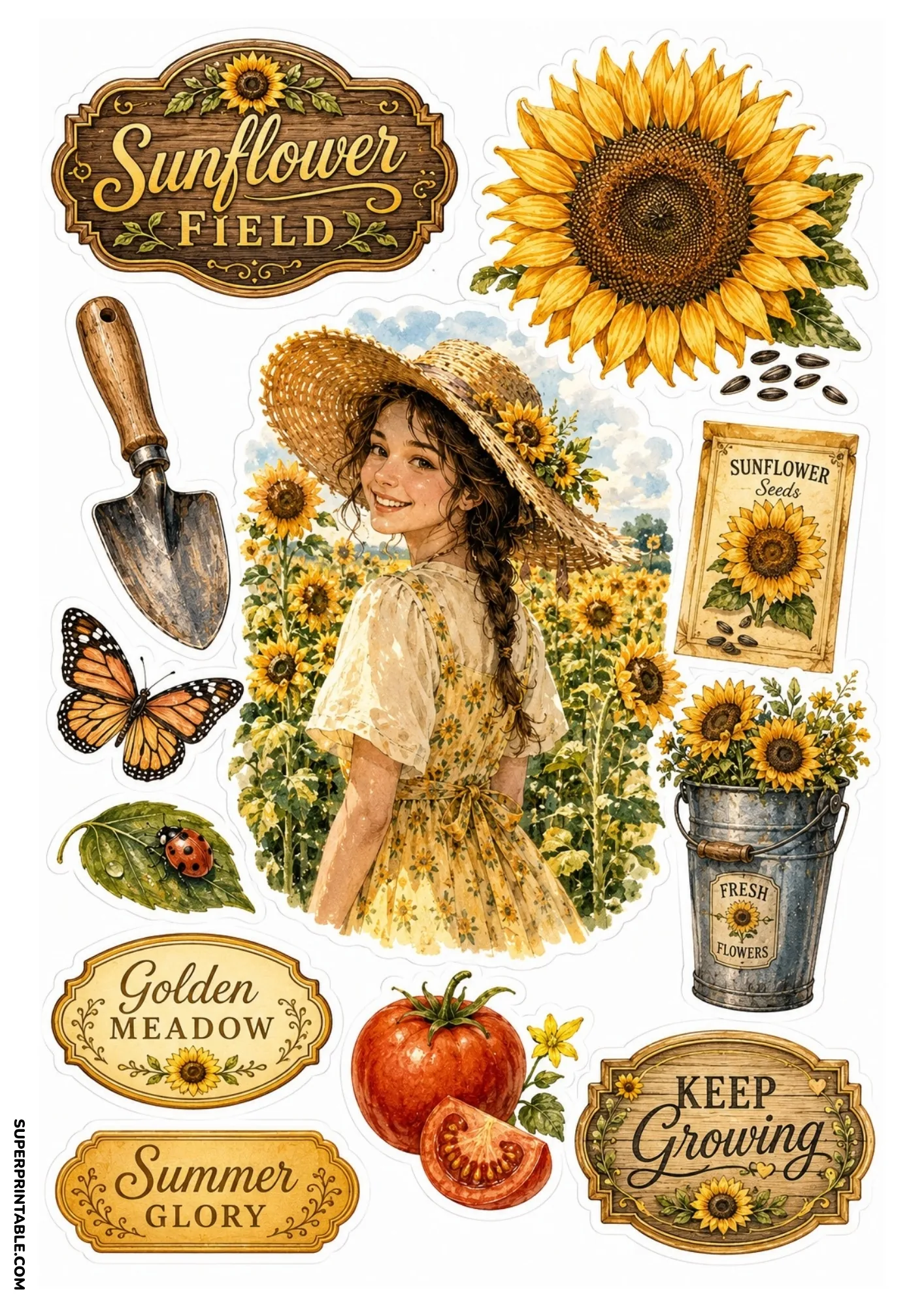Vibrant sunflower field stickers showing a woman among sunflowers, seed packet, bucket, and monarch butterfly.
