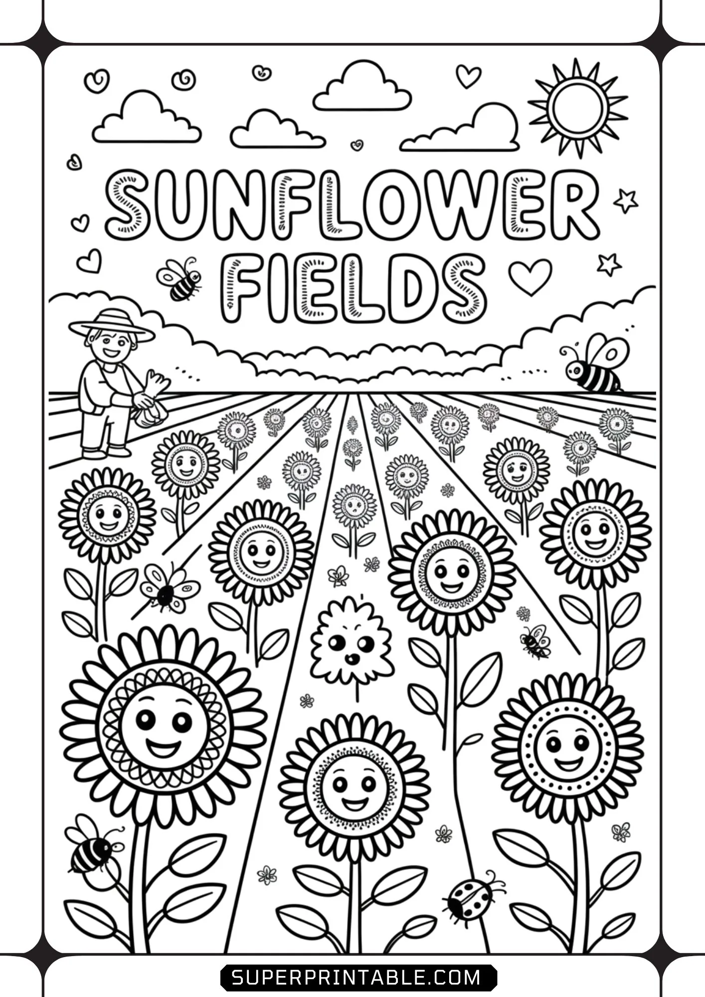A farmer standing in a vast field of smiling sunflowers under a sunny sky with honeybees line art.