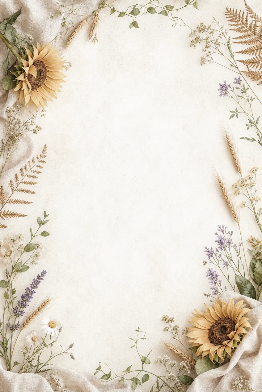 Rustic botanical frame with golden sunflowers, linen fabric, lavender, wheat, ferns, daisies, and greenery
