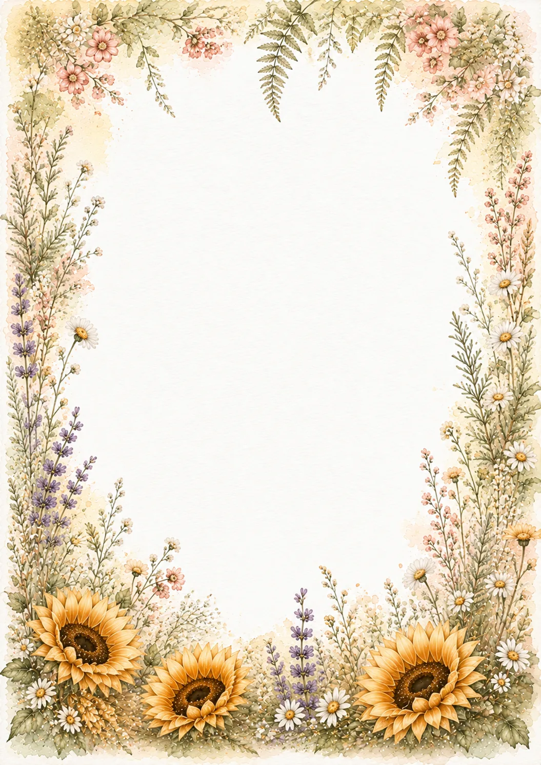 Watercolor sunflower meadow border with daisies, lavender, ferns, and delicate pink flowers
