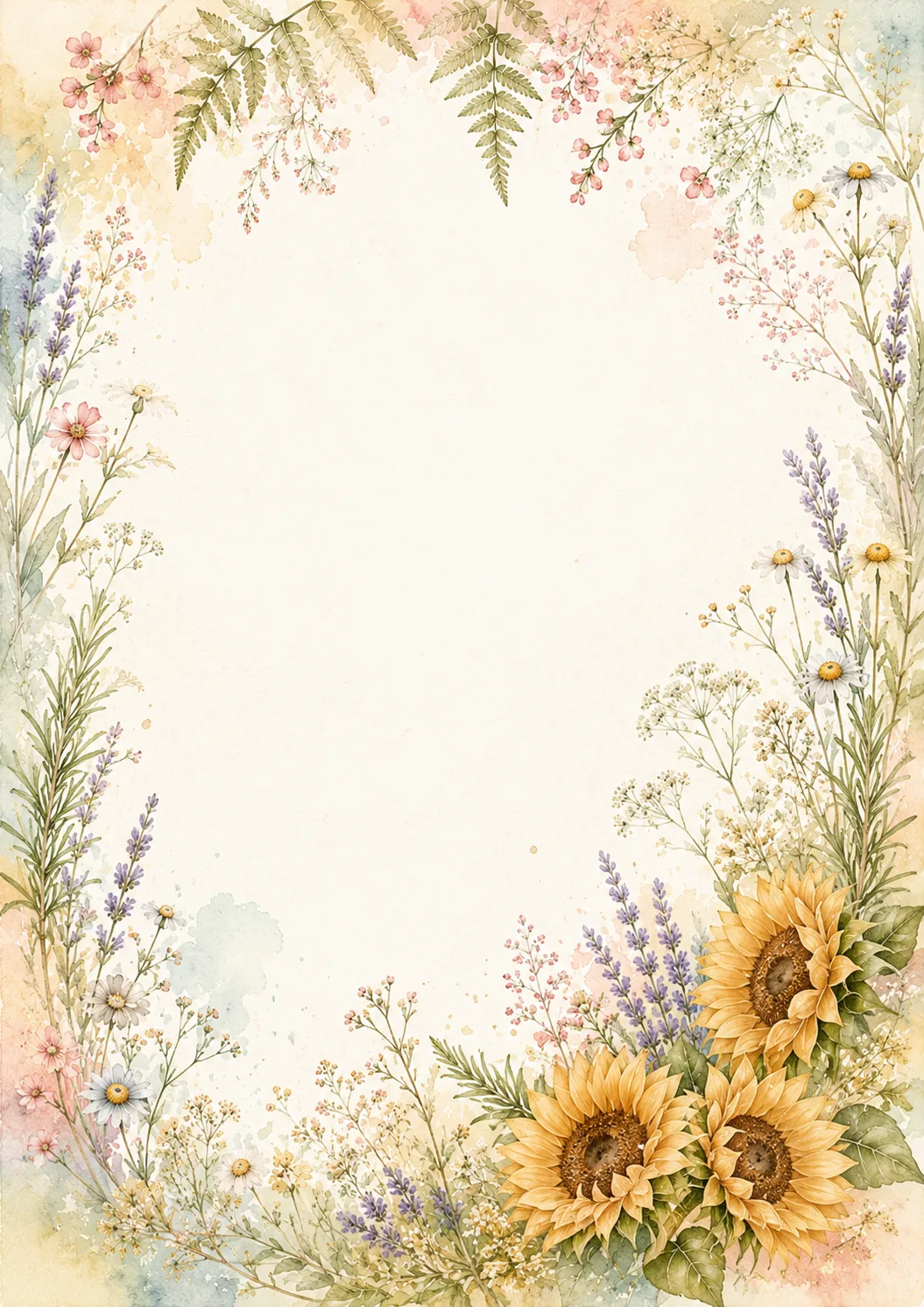 August border pages framed by sunflowers, lavender, daisies, pink blossoms, ferns, and pastel wildflowers