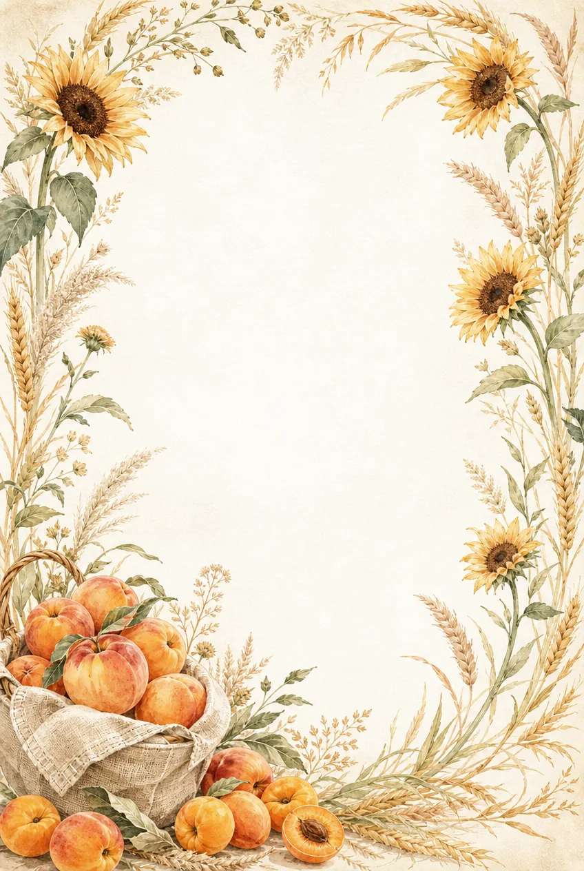 Watercolor summer border with golden sunflowers, wheat stalks, leafy branches, and a basket of peaches