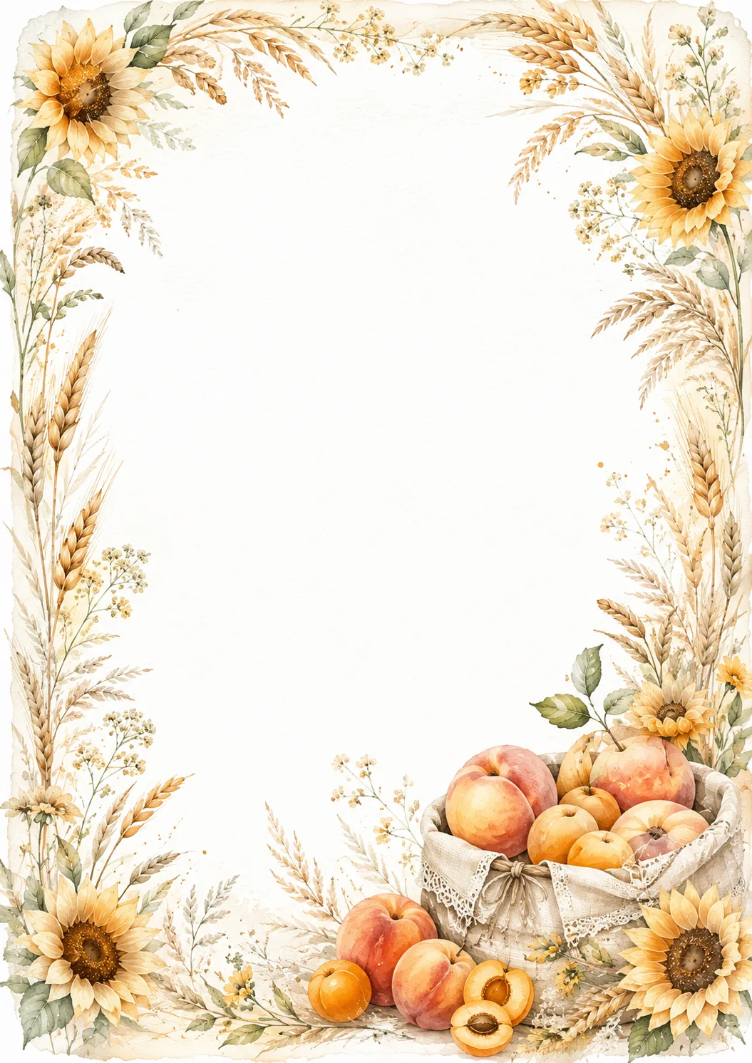 Watercolor sunflower border with wheat and a rustic basket filled with ripe summer peaches