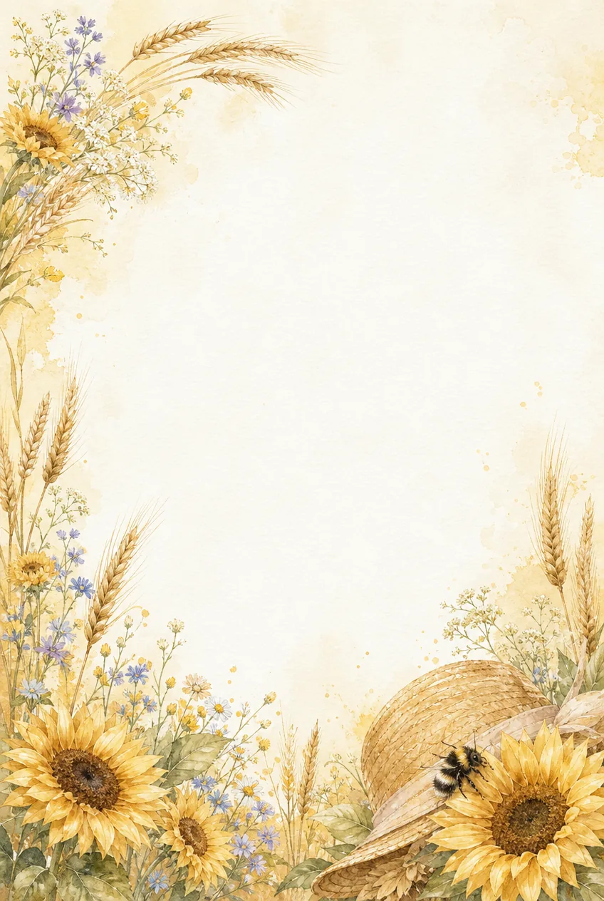 Sunny watercolor frame with sunflowers, wheat, blue wildflowers, woven straw hat, and a bumblebee