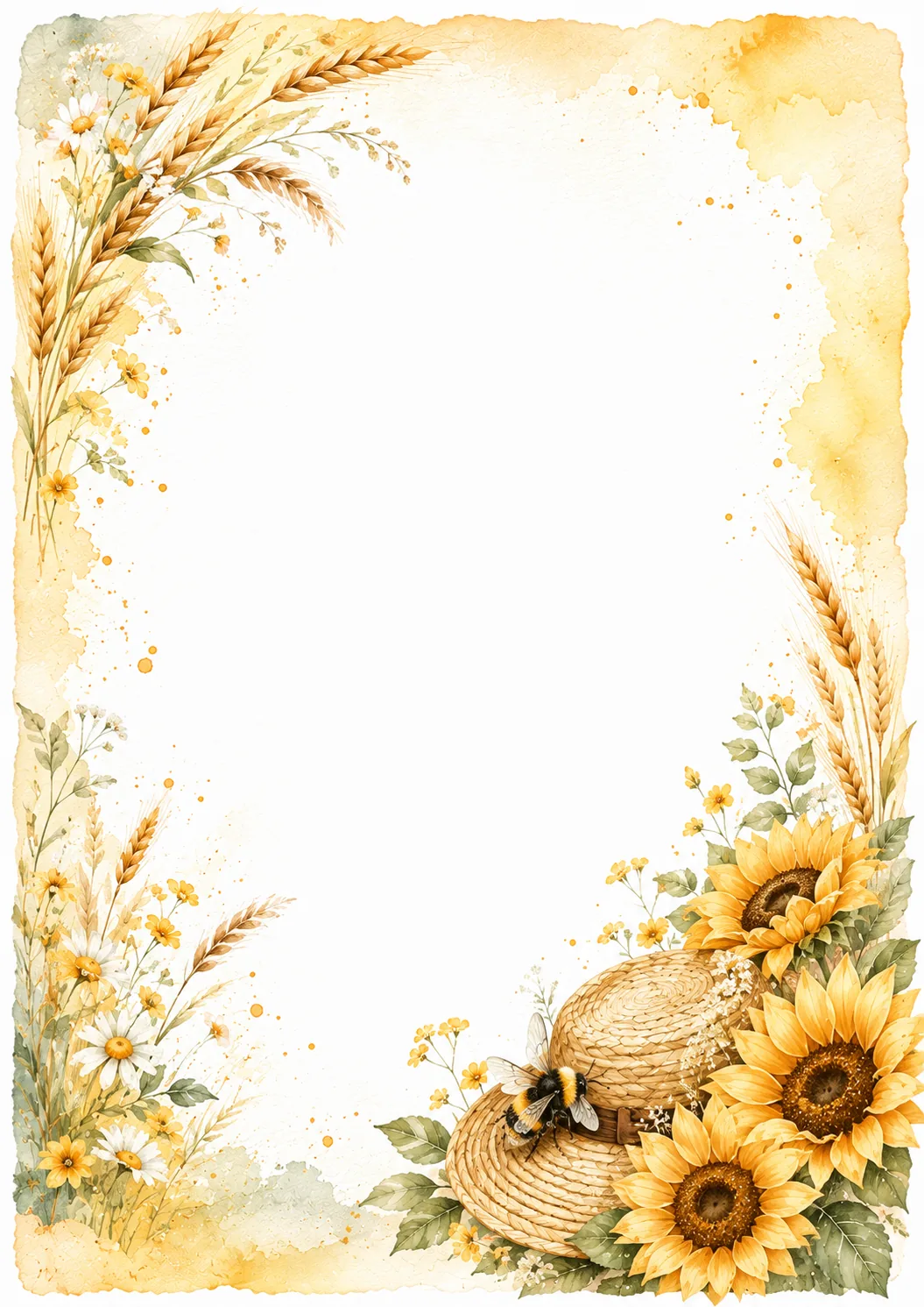 Golden sunflower and wheat writing border with rustic straw hats, daisies, and a bumblebee