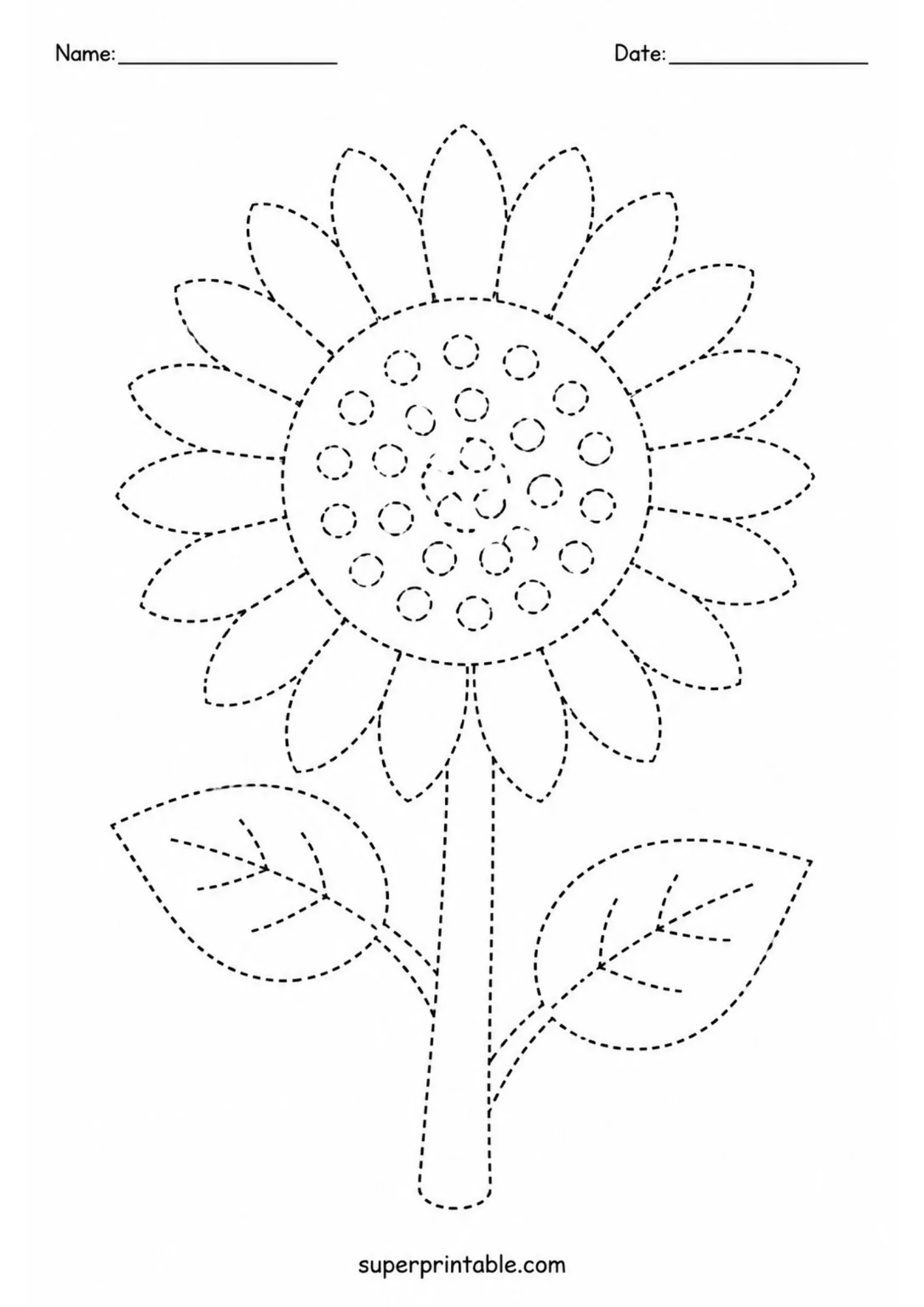 Dashed line sunflower on stem ready for kids to trace.